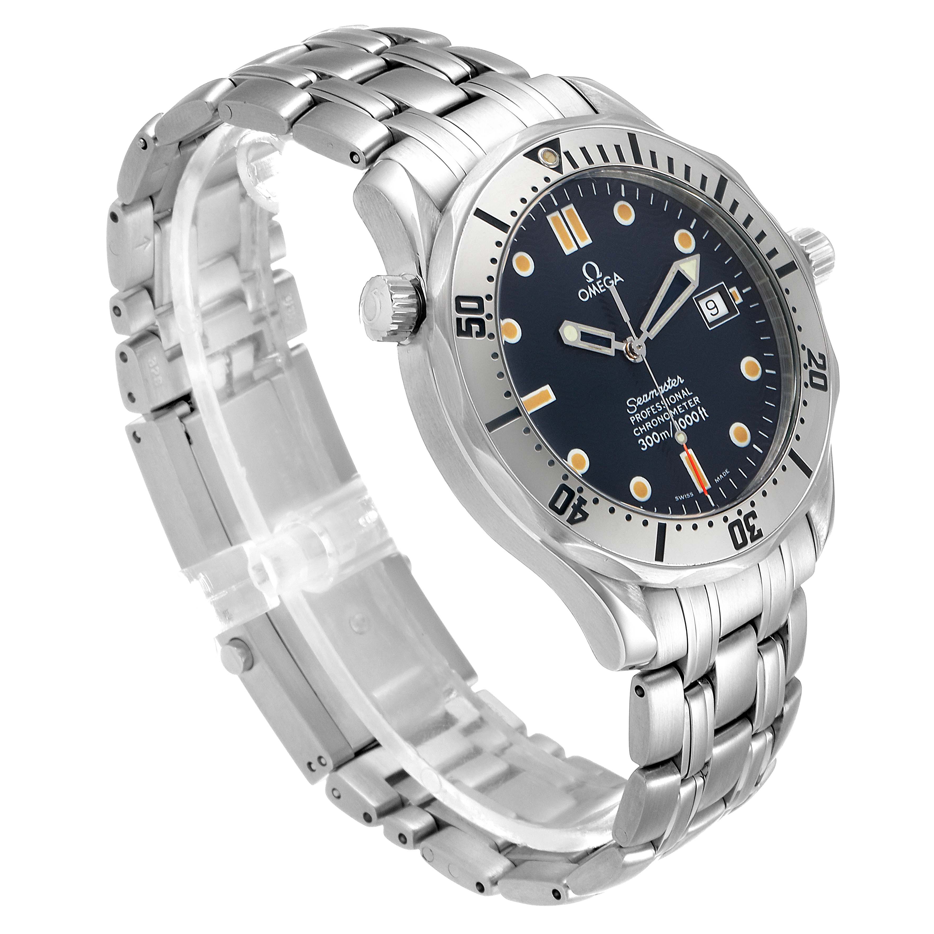 The image shows an angled side view of an Omega Seamaster 2532.80.00 Men
s Stainless Steel Blue Dial 2532.80.00 Men
s Stainless Steel Blue Dial watch highlighting the face, bezel, crown, and metal bracelet.