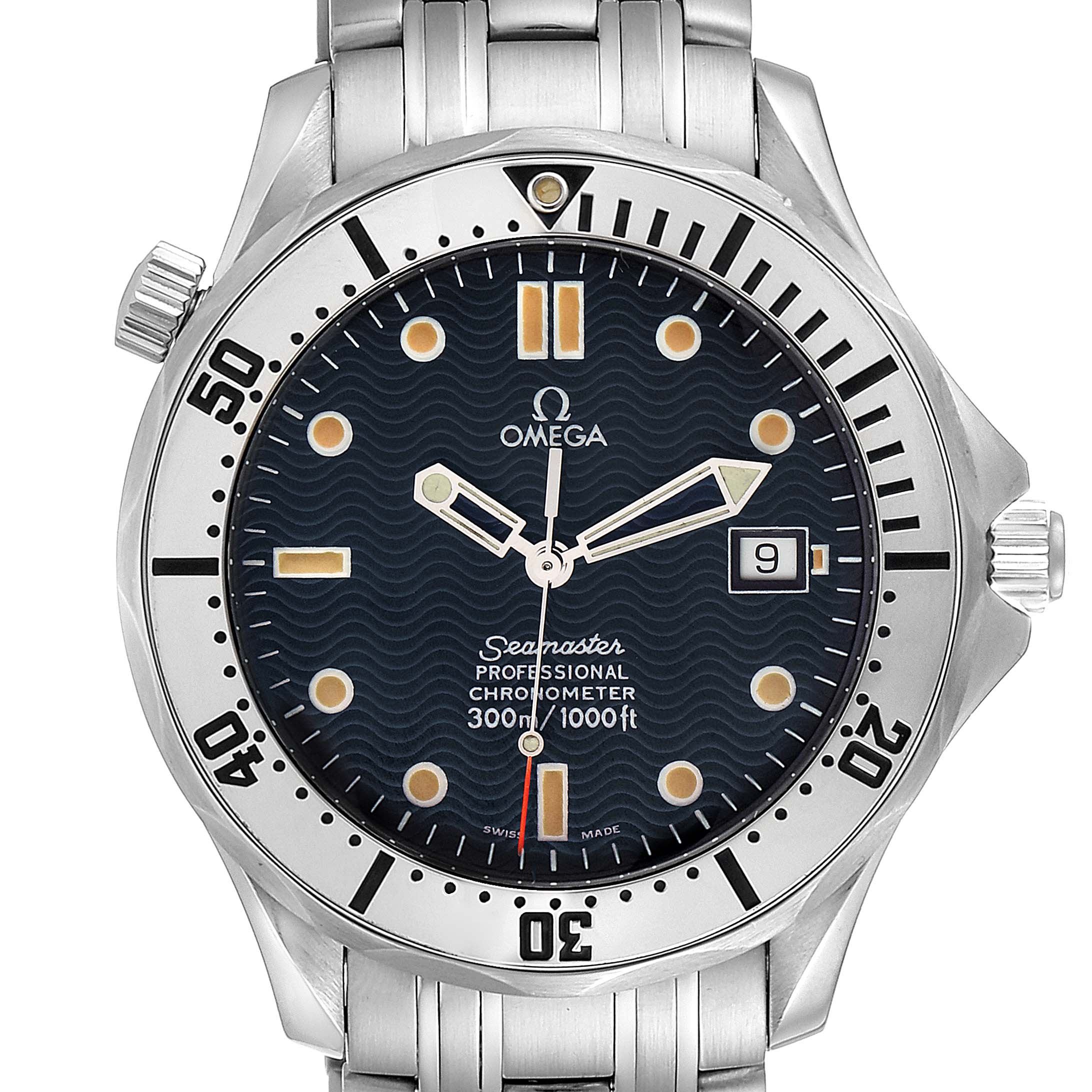 This image shows a front view of an Omega Seamaster 2532.80.00 Men
s Stainless Steel Blue Dial 2532.80.00 Men
s Stainless Steel Blue Dial watch, highlighting its face, bezel, and part of its metal bracelet.