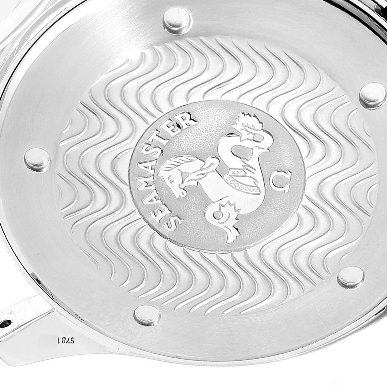 This is a close-up of the back case plate of an Omega Seamaster 2541.80.00 Men
s Stainless Steel Blue Dial 2541.80.00 Men
s Stainless Steel Blue Dial watch, showcasing its engraved logo and design.