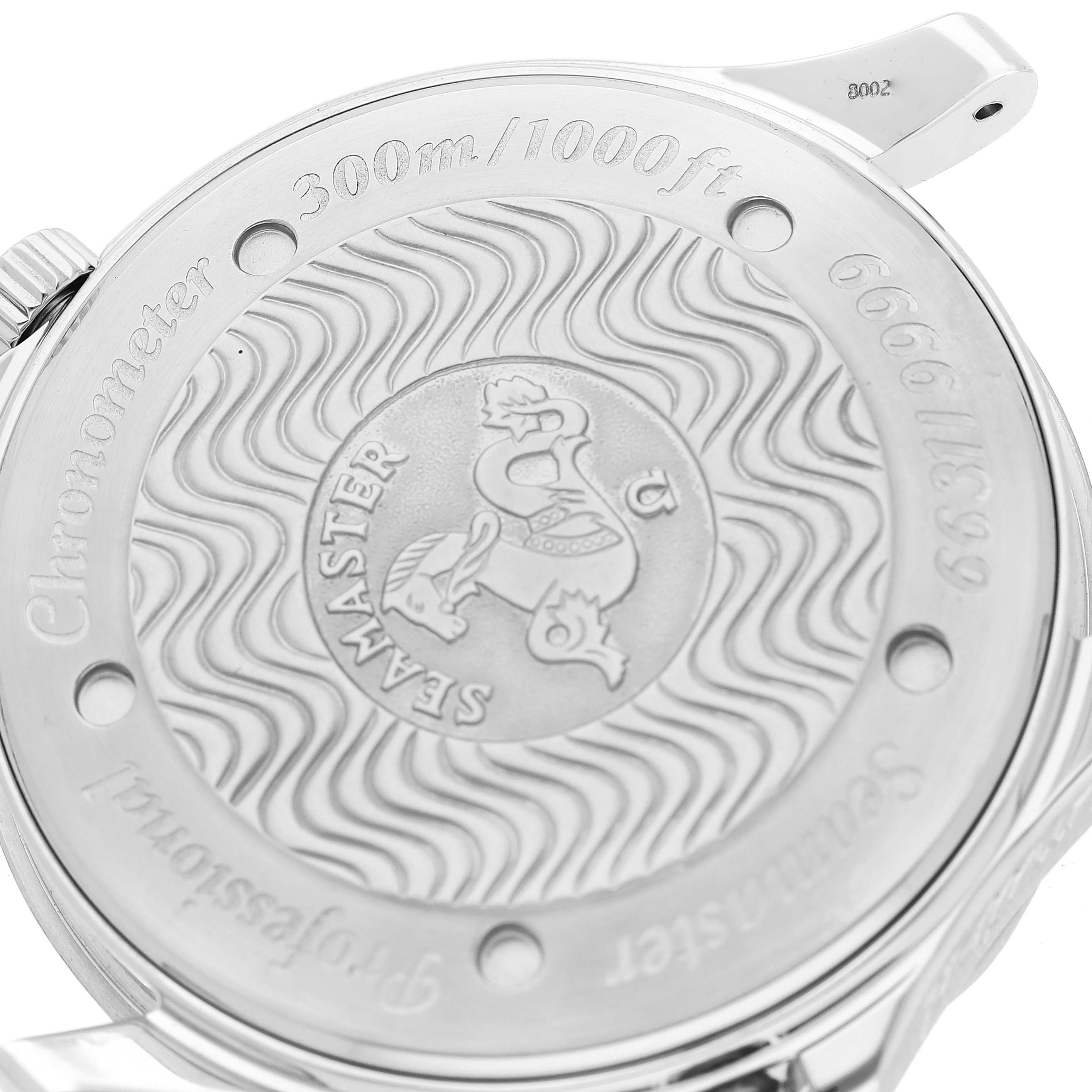 This image shows the case back of the Omega Seamaster 2533.50.00 Men's Stainless Steel Black Dial 2533.50.00 Men's Stainless Steel Black Dial watch, highlighting the engraved design and text of the model.