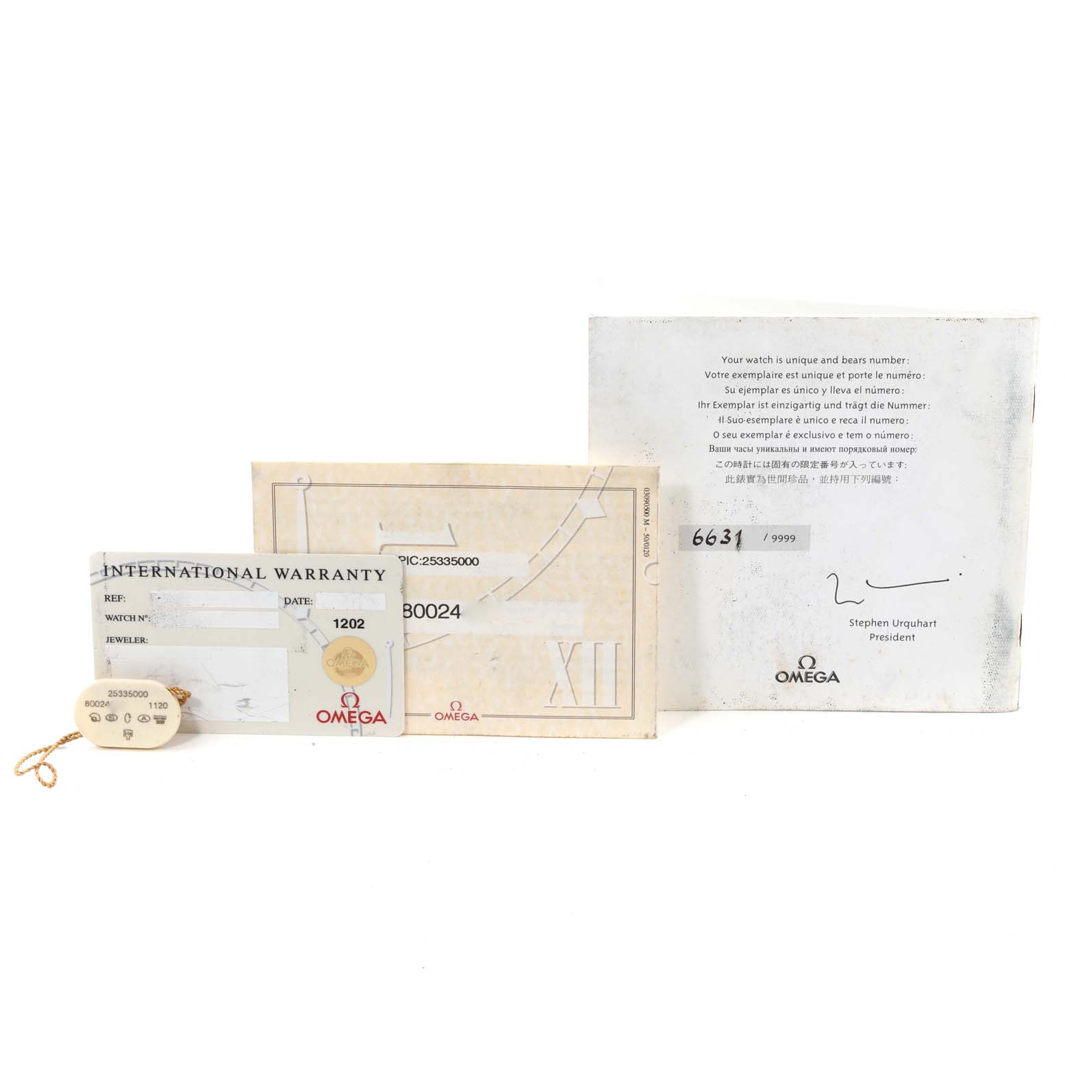 The image shows the International Warranty card, certificate, and literature for an Omega Seamaster 2533.50.00 Men's Stainless Steel Black Dial 2533.50.00 Men's Stainless Steel Black Dial model.