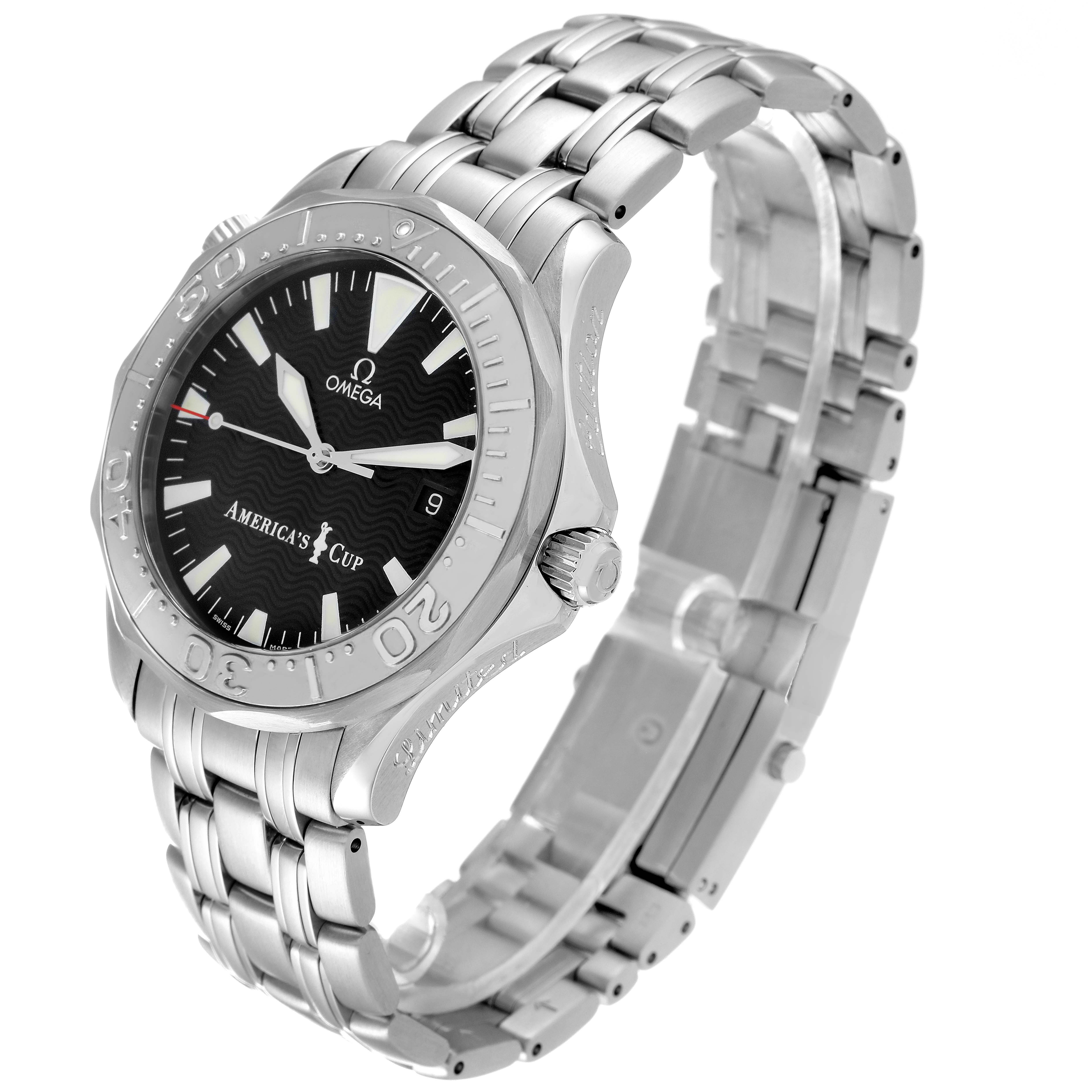 The Omega Seamaster 2533.50.00 Men's Stainless Steel Black Dial 2533.50.00 Men's Stainless Steel Black Dial watch is shown at an angled side view, highlighting its face, bezel, crown, and linked metal bracelet.