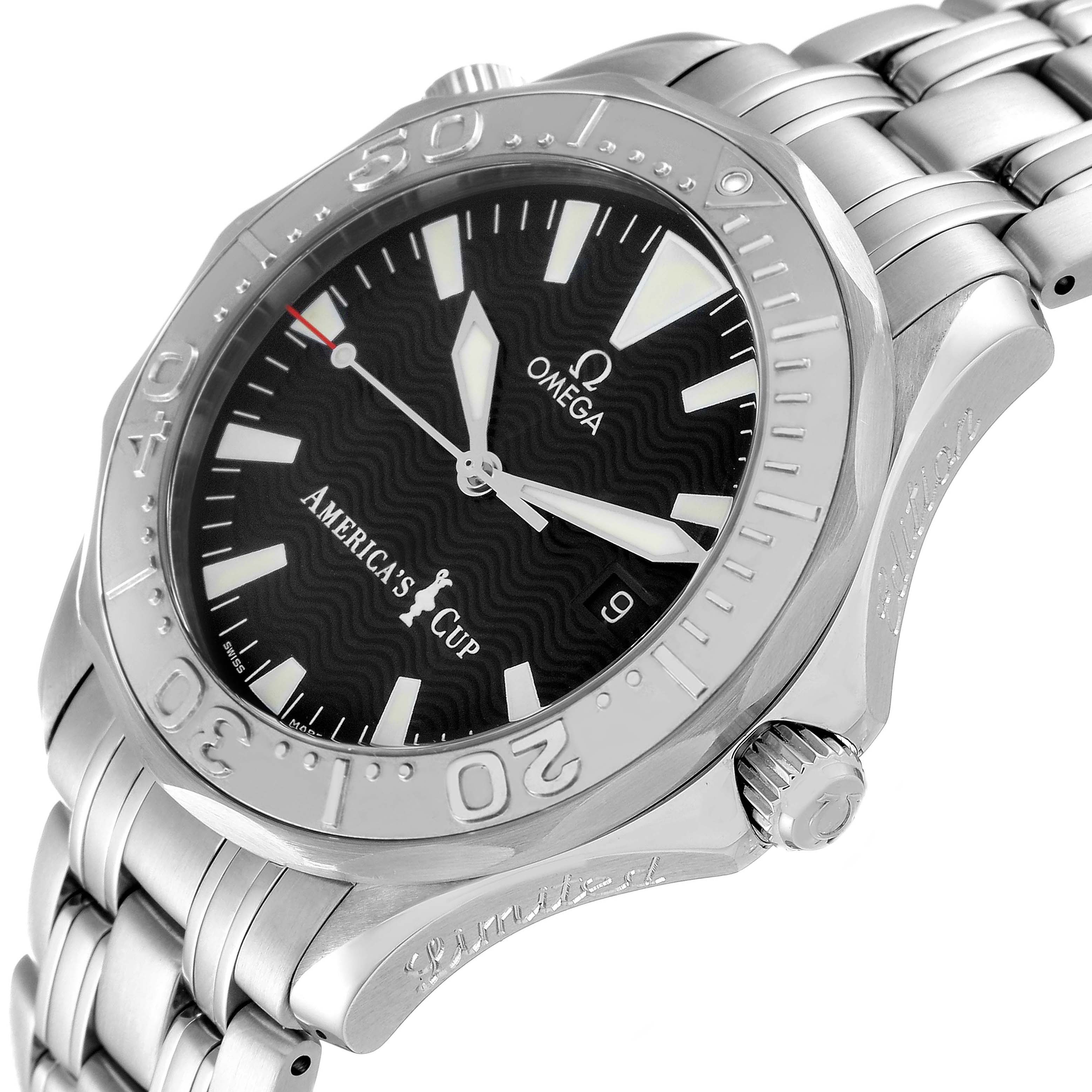 The image shows a close-up of the Omega Seamaster 2533.50.00 Men's Stainless Steel Black Dial 2533.50.00 Men's Stainless Steel Black Dial watch, highlighting the dial, bezel, crown, and part of the bracelet.
