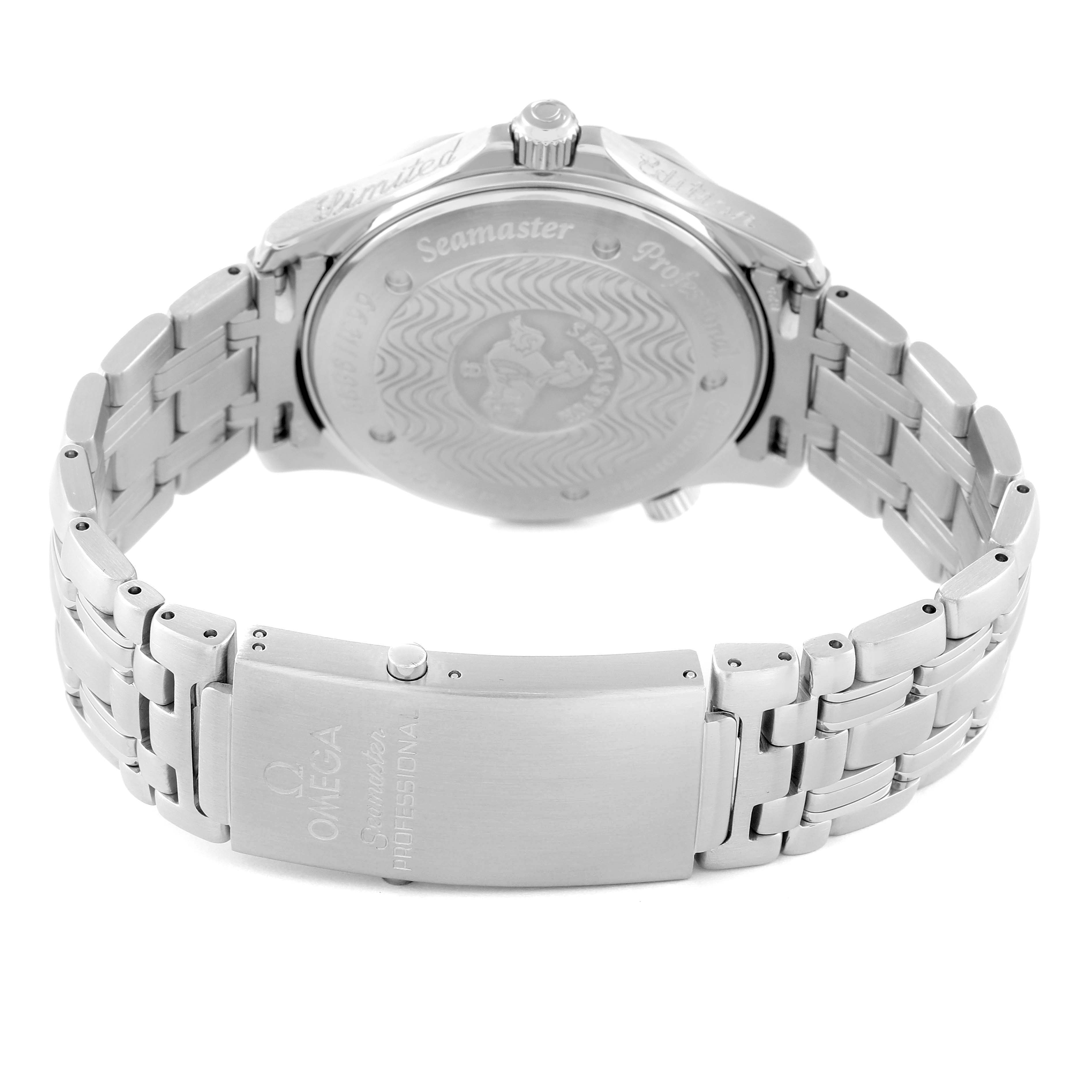 The image shows the back view of the Omega Seamaster 2533.50.00 Men's Stainless Steel Black Dial 2533.50.00 Men's Stainless Steel Black Dial, highlighting the case back and stainless steel bracelet.