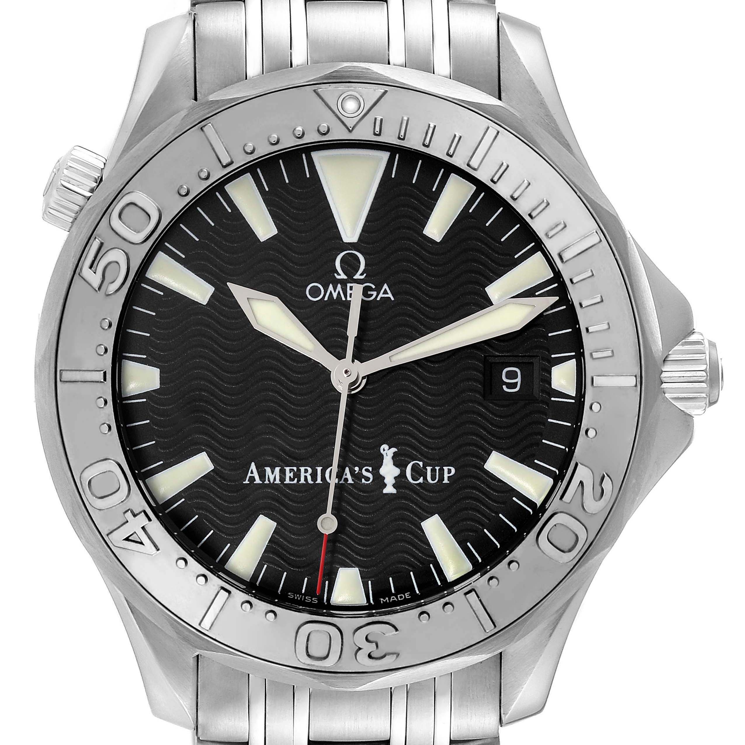 The Omega Seamaster 2533.50.00 Men's Stainless Steel Black Dial 2533.50.00 Men's Stainless Steel Black Dial watch is shown from the front, displaying the face, bezel, and partial bracelet.
