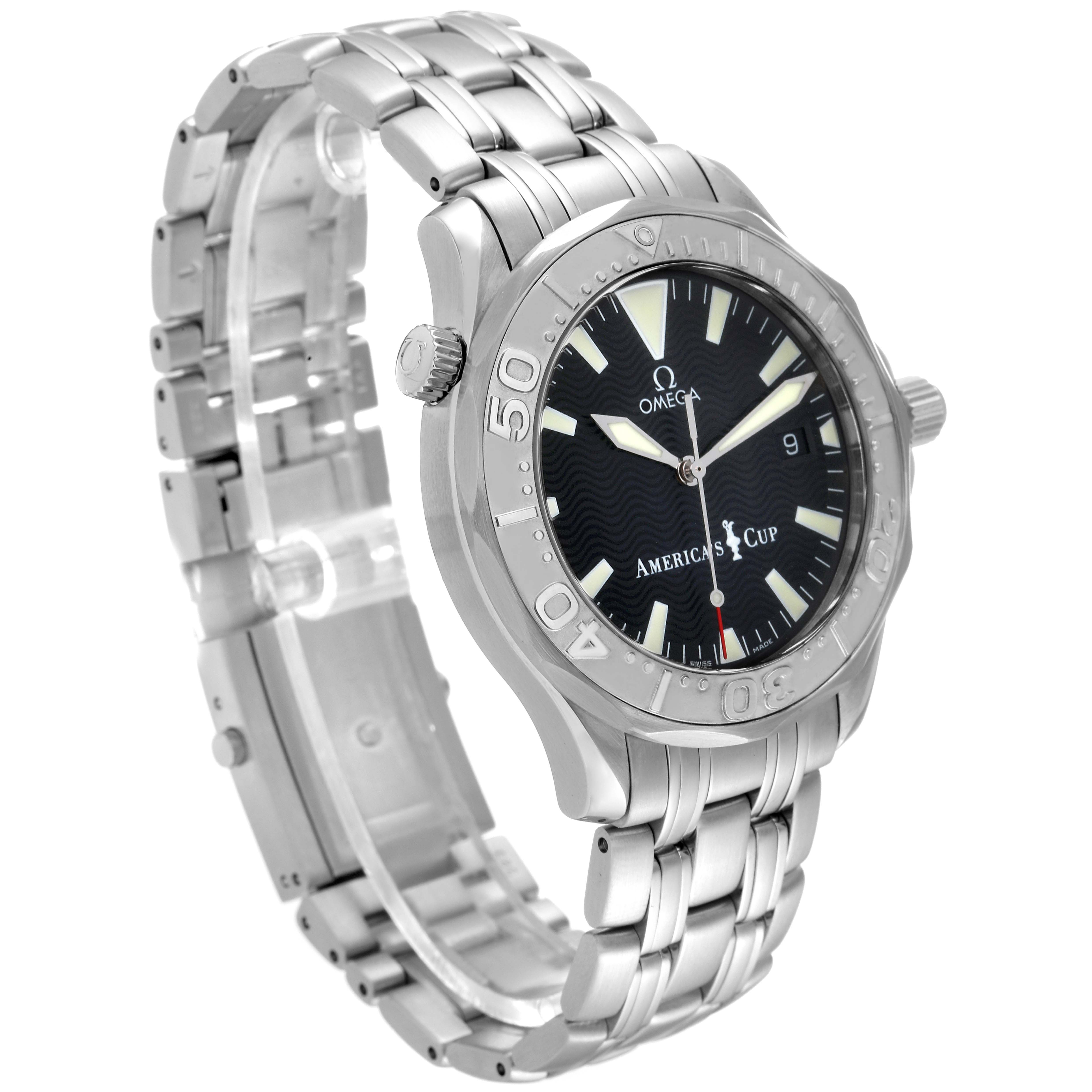 The image shows a side-front angle of the Omega Seamaster 2533.50.00 Men's Stainless Steel Black Dial 2533.50.00 Men's Stainless Steel Black Dial America's Cup model, highlighting the face, bezel, and bracelet.
