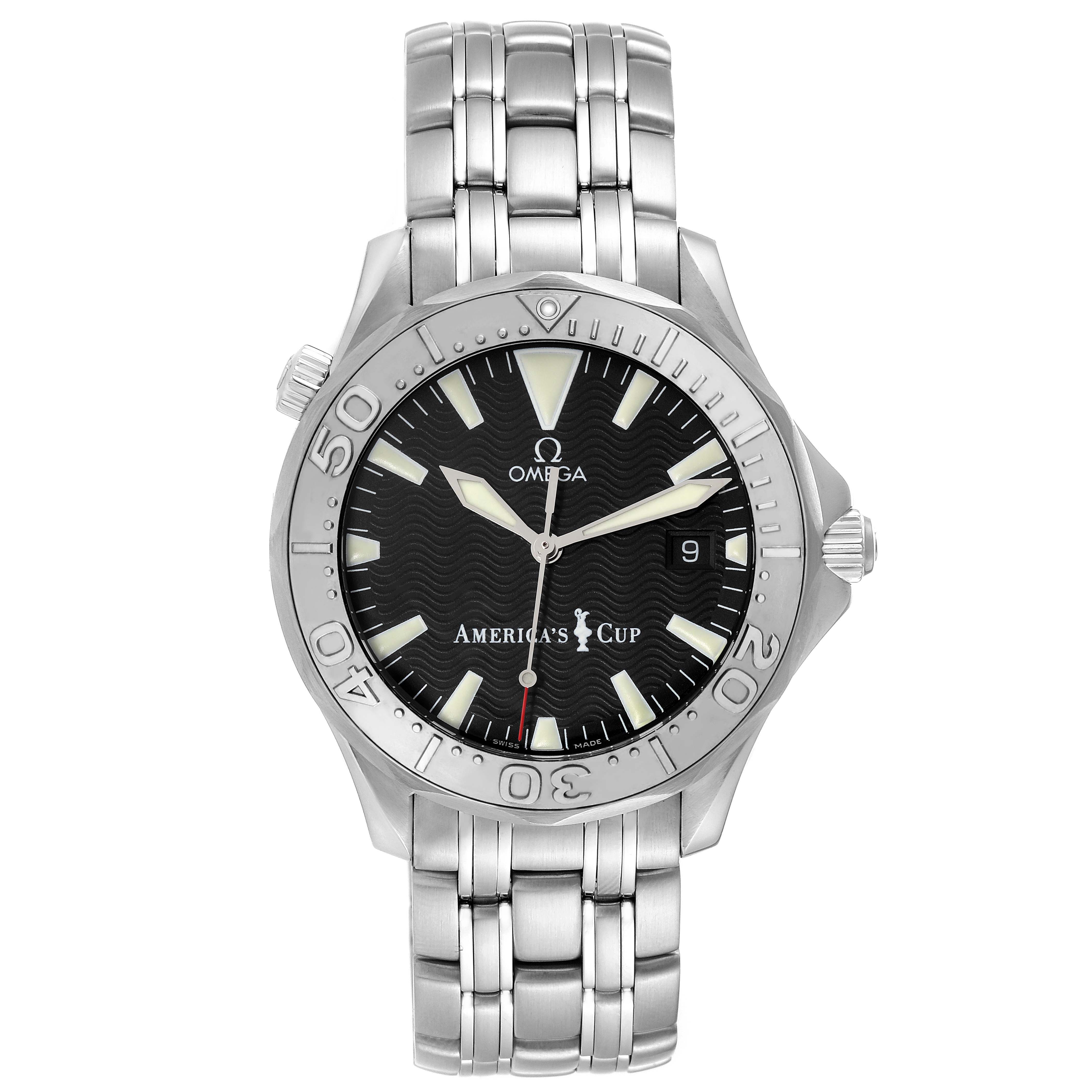 The image shows a front view of an Omega Seamaster 2533.50.00 Men's Stainless Steel Black Dial 2533.50.00 Men's Stainless Steel Black Dial America's Cup model watch, displaying its face, bezel, and bracelet.