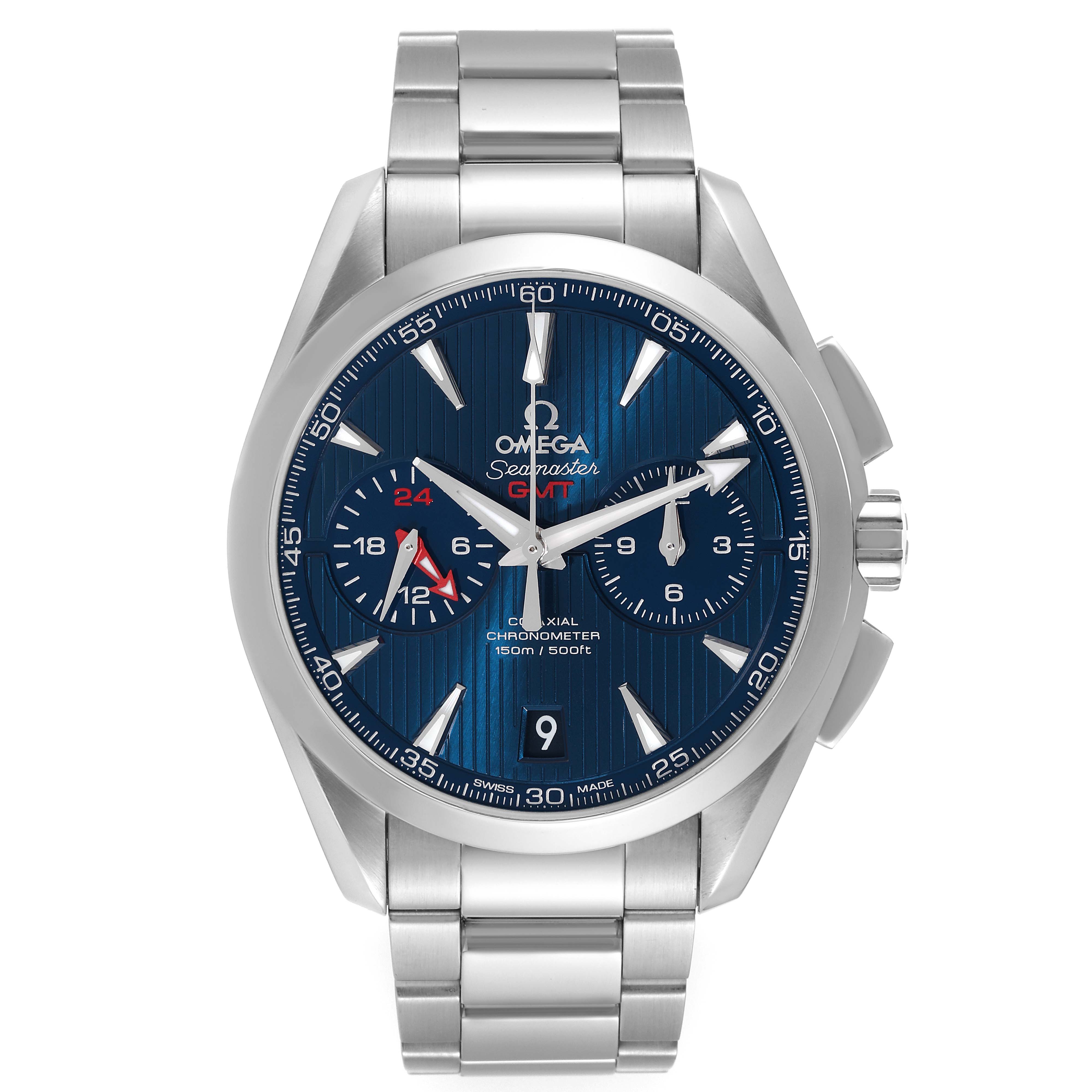 This Omega Aqua Terra 231.10.43.52.03.001 Men
s Stainless Steel Blue Dial 231.10.43.52.03.001 Men
s Stainless Steel Blue Dial watch is shown from a front angle, displaying the dial, hands, crown, and stainless steel bracelet.
