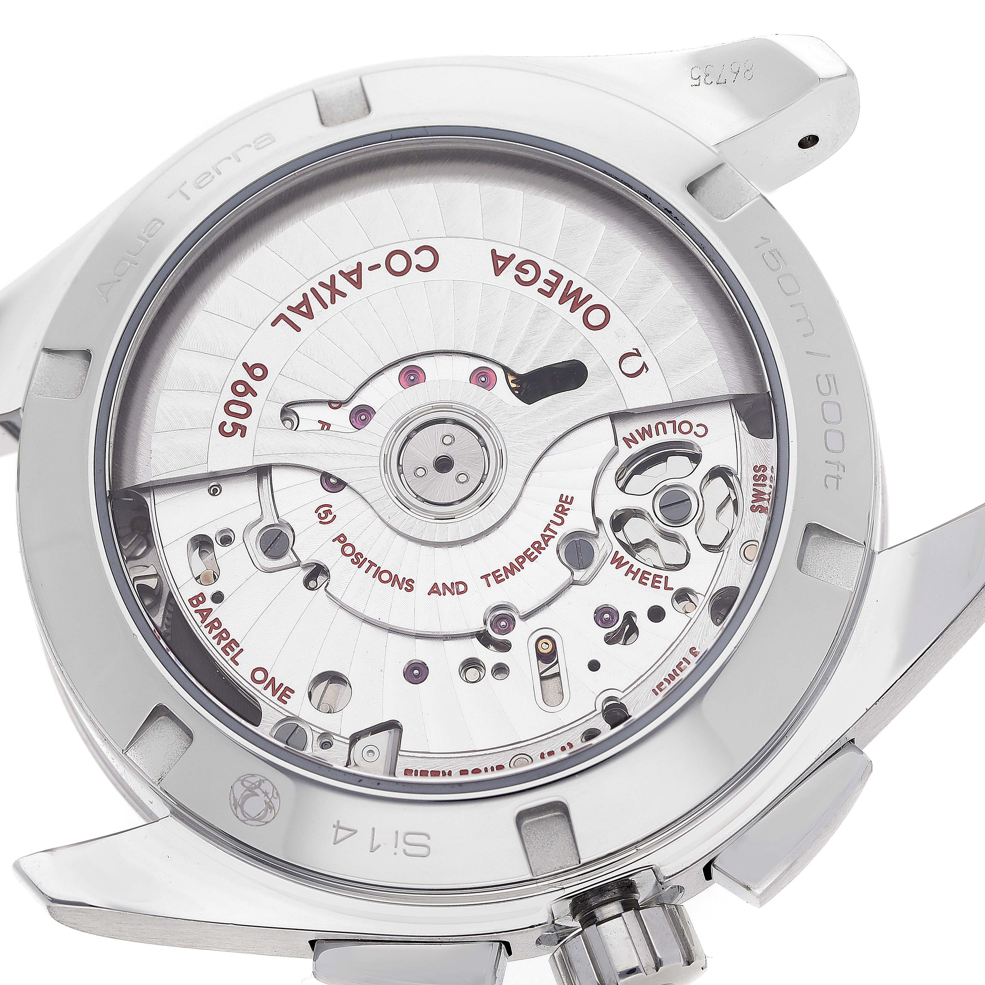 The image shows the back view of the Omega Aqua Terra 231.10.43.52.03.001 Men
s Stainless Steel Blue Dial 231.10.43.52.03.001 Men
s Stainless Steel Blue Dial watch, highlighting the internal mechanical movement and components.