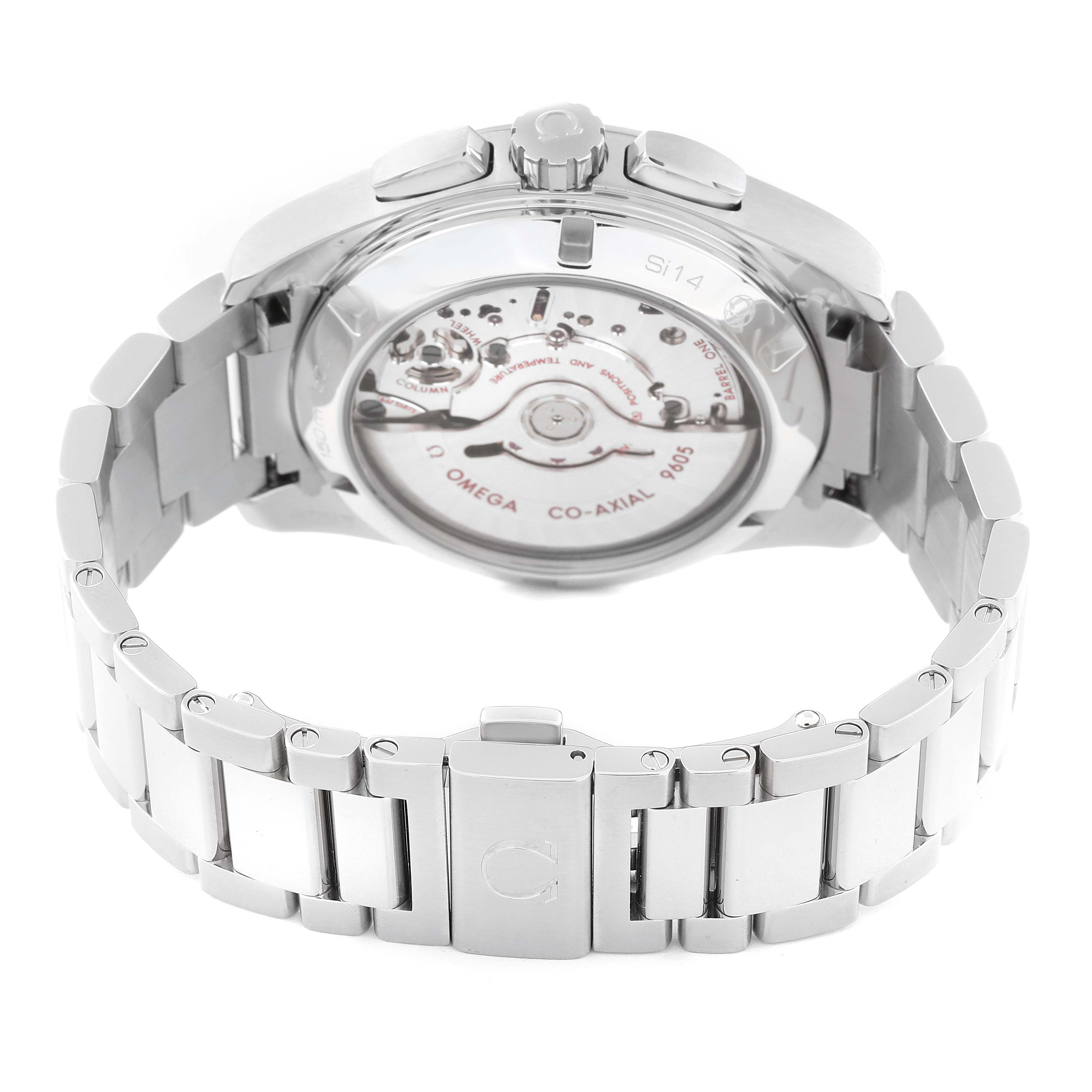 The image shows the back view of an Omega Aqua Terra 231.10.43.52.03.001 Men
s Stainless Steel Blue Dial 231.10.43.52.03.001 Men
s Stainless Steel Blue Dial watch, highlighting its open case back and bracelet.