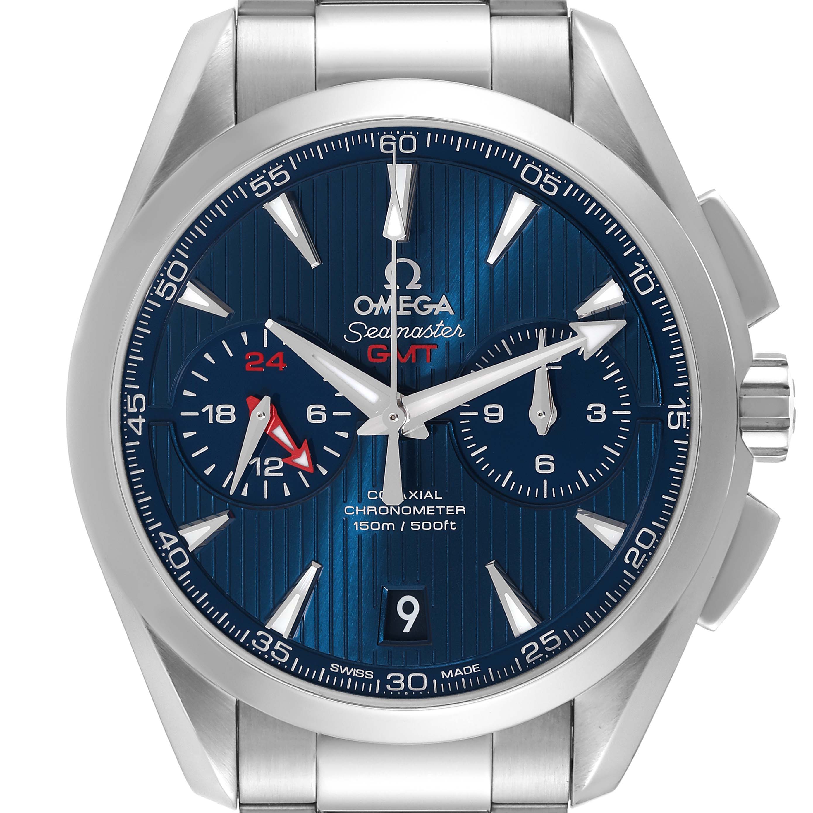 The image shows a front view of the Omega Aqua Terra 231.10.43.52.03.001 Men
s Stainless Steel Blue Dial 231.10.43.52.03.001 Men
s Stainless Steel Blue Dial watch, highlighting the blue dial and stainless steel bracelet.