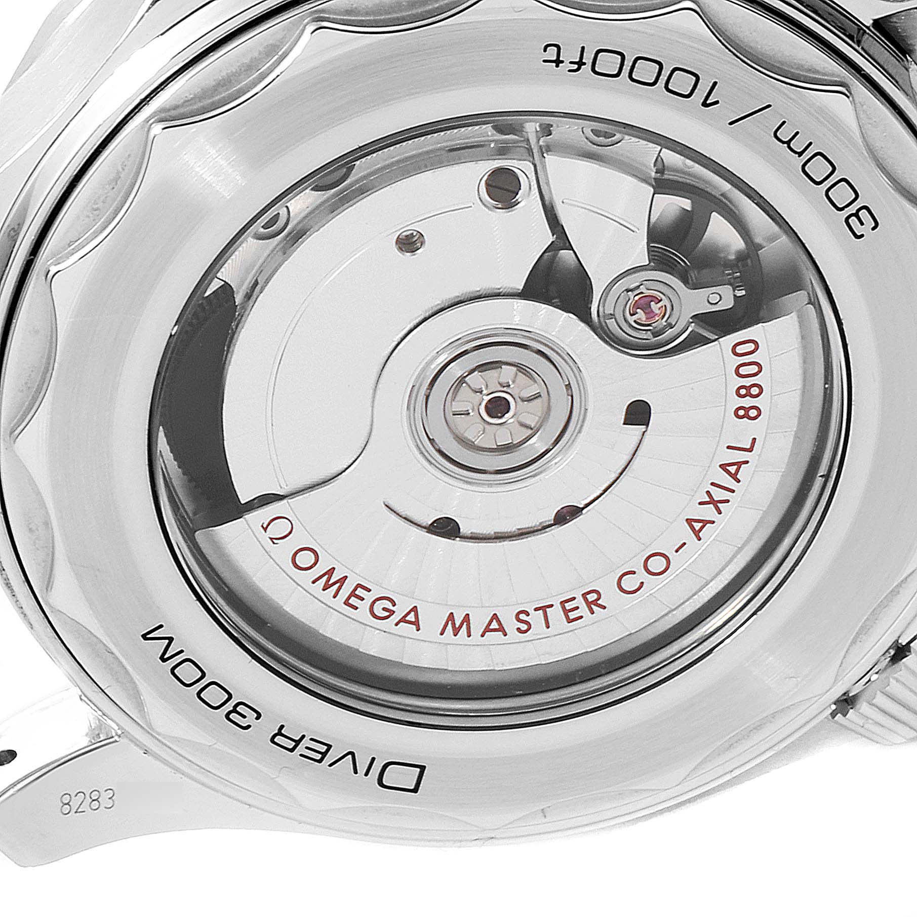 The image shows the case back of an Omega Seamaster 210.30.42.20.04.001 Men
s Stainless Steel White Dial 210.30.42.20.04.001 Men
s Stainless Steel White Dial watch, highlighting the movement inside.