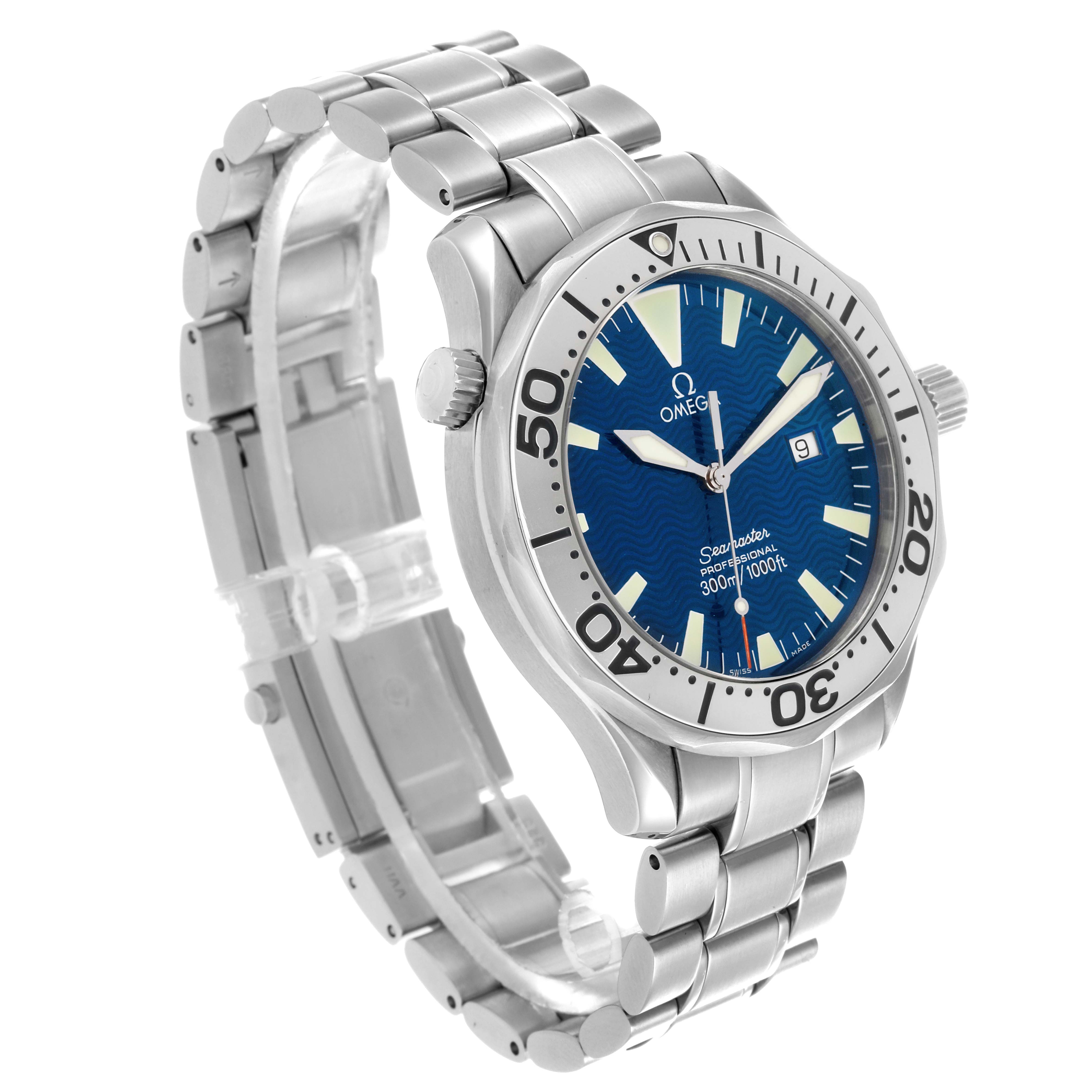 The Omega Seamaster 2265.80.00 Men
s Stainless Steel Blue Dial 2265.80.00 Men
s Stainless Steel Blue Dial watch is shown at a three-quarter angle, displaying the face, bezel, case, and bracelet.