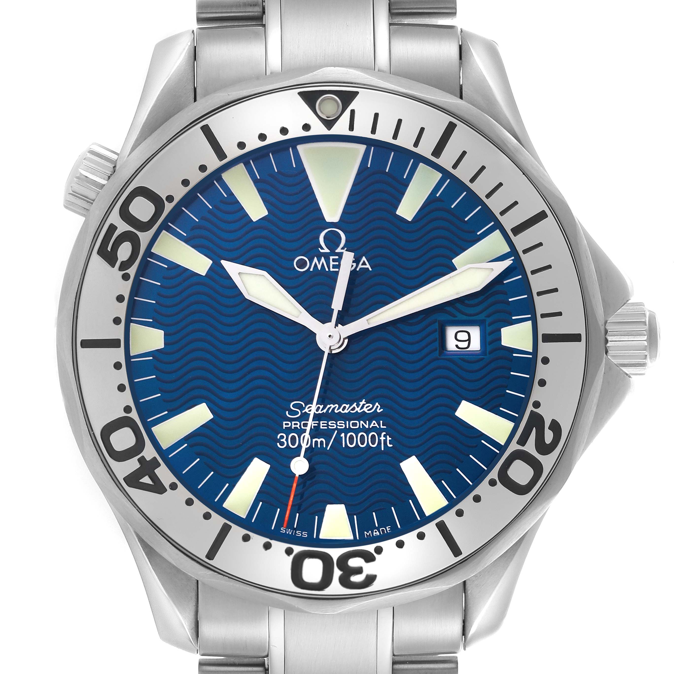 The Omega Seamaster 2265.80.00 Men
s Stainless Steel Blue Dial 2265.80.00 Men
s Stainless Steel Blue Dial watch is shown from the front, highlighting the blue wavy dial, hands, and rotating bezel.