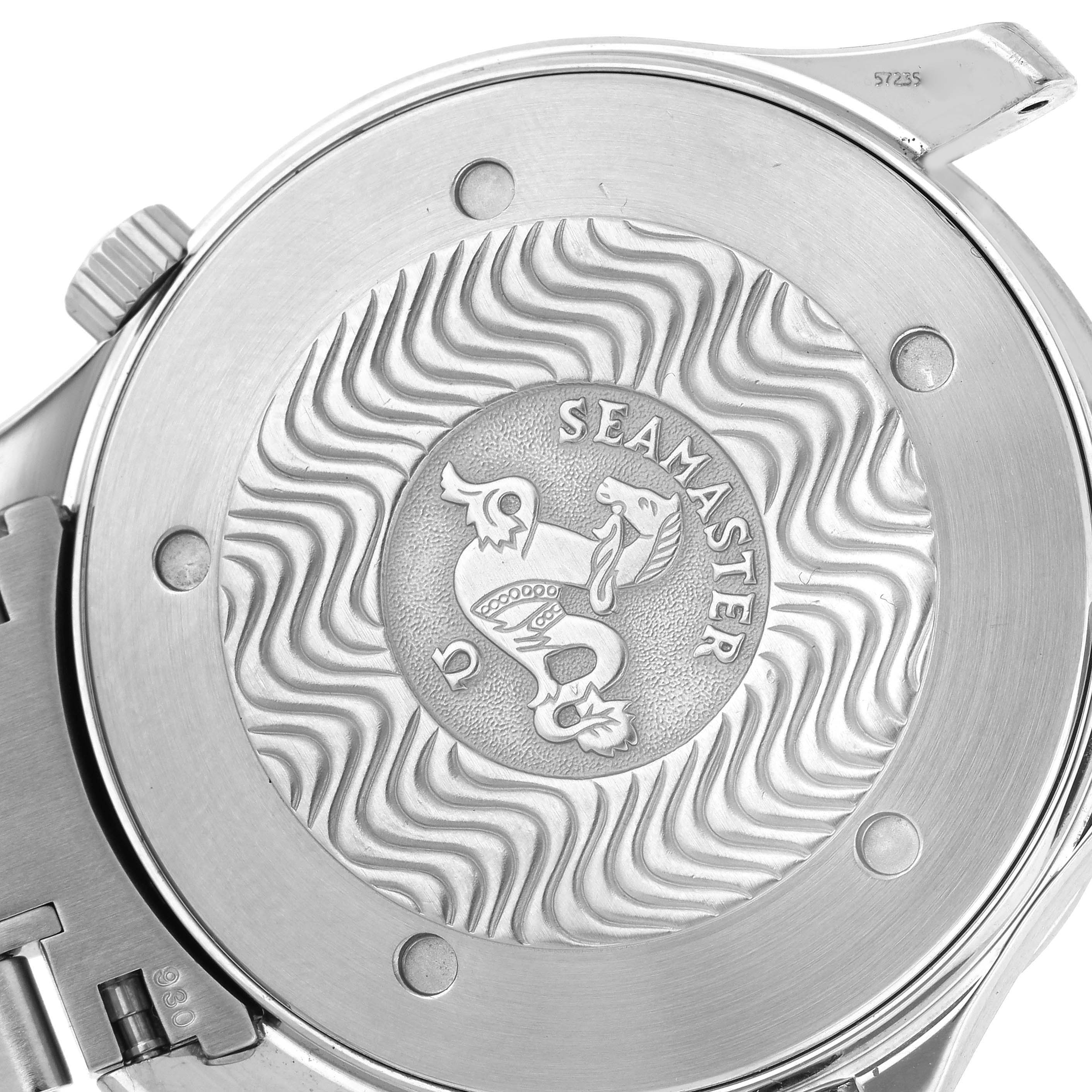 The image shows the case back of the Omega Seamaster 2265.80.00 Men
s Stainless Steel Blue Dial 2265.80.00 Men
s Stainless Steel Blue Dial, featuring the emblem and wavy design.