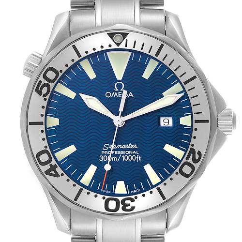 The Omega Seamaster watch is shown from a front angle, displaying the dial, bezel, crown, and a section of the bracelet.