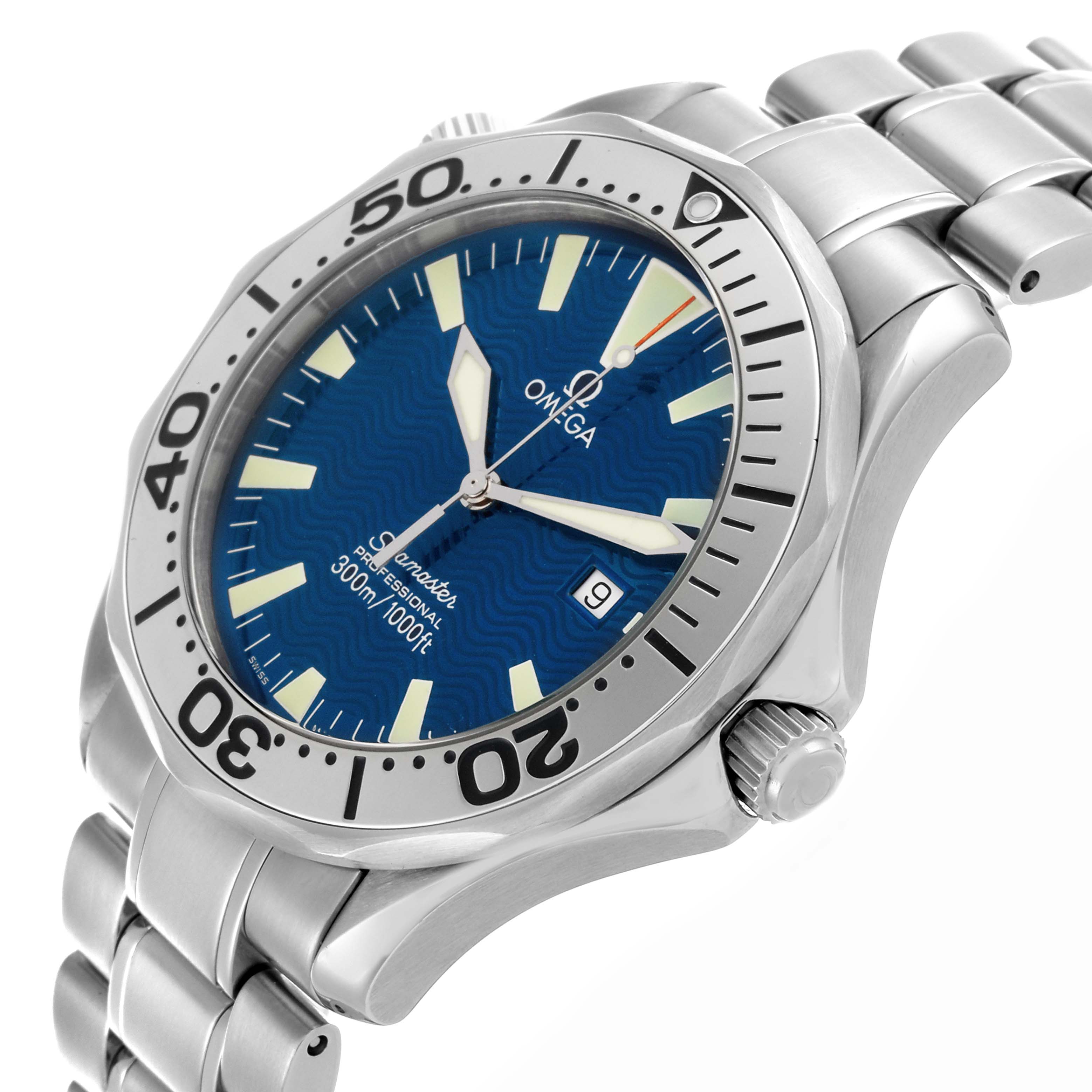 The Omega Seamaster 2265.80.00 Men
s Stainless Steel Blue Dial 2265.80.00 Men
s Stainless Steel Blue Dial watch is shown at a three-quarters angle, highlighting the dial, bezel, crown, and bracelet.