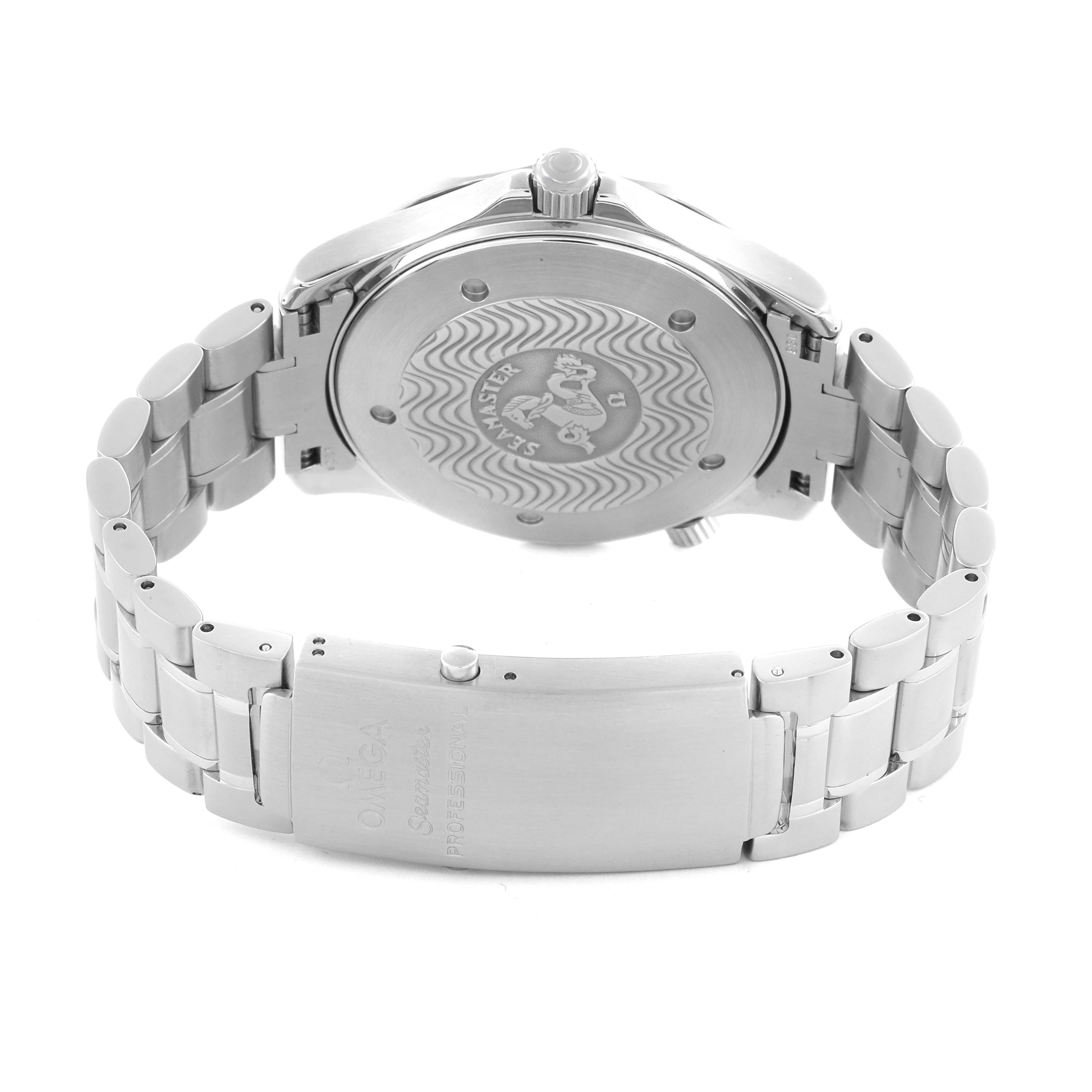 The angle shows the back case and clasp of the Omega Seamaster 2265.80.00 Men
s Stainless Steel Blue Dial 2265.80.00 Men
s Stainless Steel Blue Dial watch, highlighting the engraved details and bracelet links.