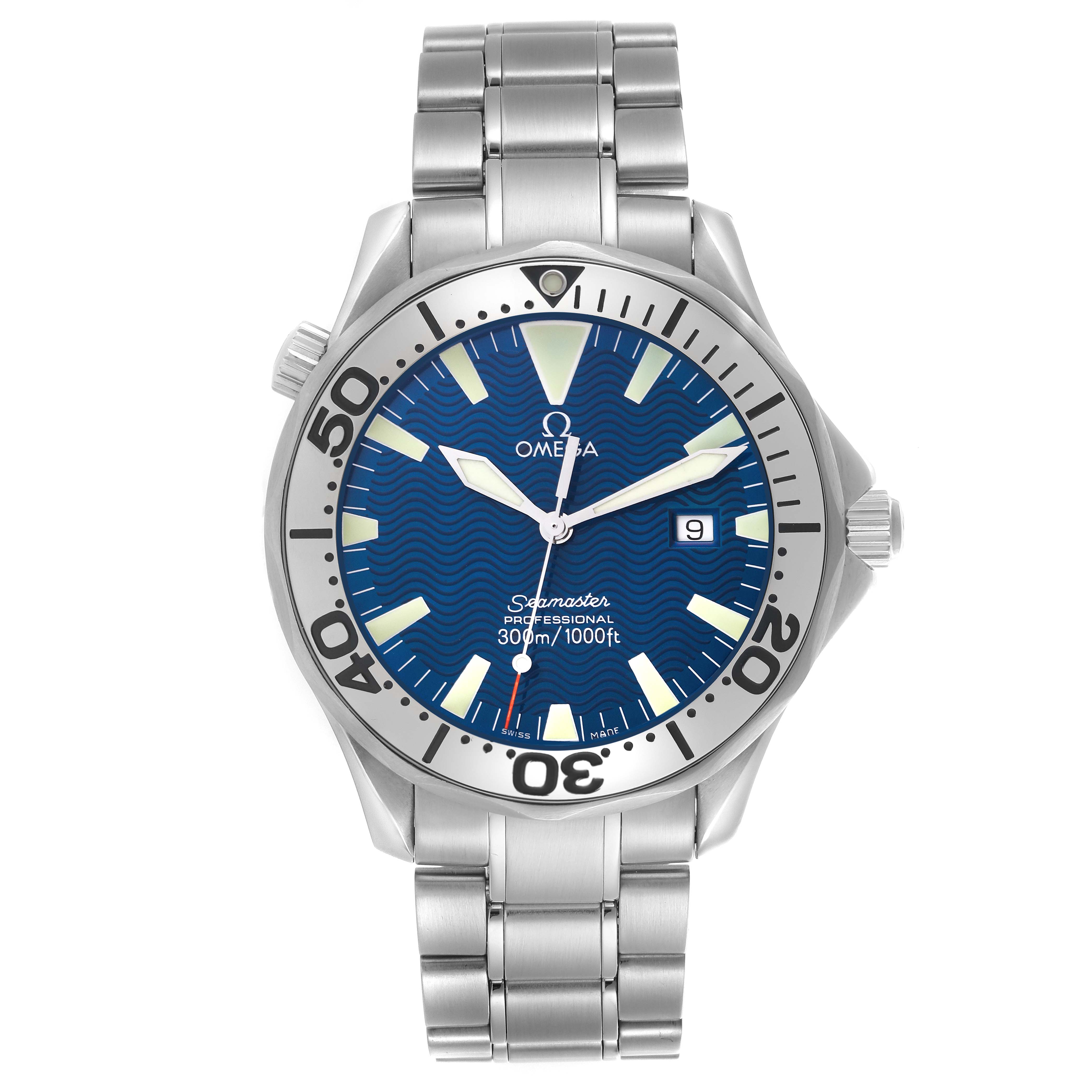 The Omega Seamaster 2265.80.00 Men
s Stainless Steel Blue Dial 2265.80.00 Men
s Stainless Steel Blue Dial watch is shown from the front, displaying the face, bezel, and bracelet clearly.