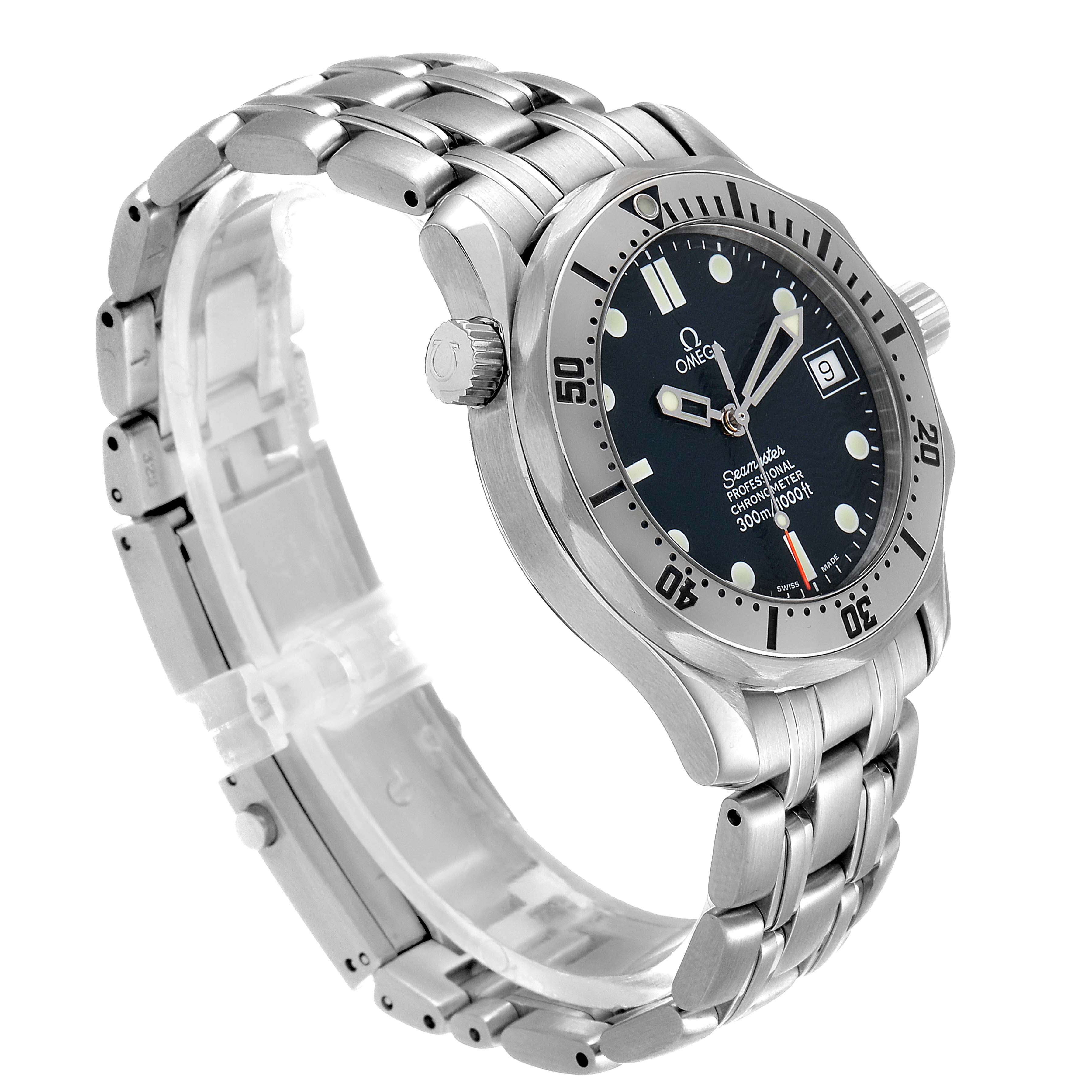 The Omega Seamaster 2552.80.00 Men
s Stainless Steel Blue Dial 2552.80.00 Men
s Stainless Steel Blue Dial watch is displayed at a three-quarter angle, showcasing the face, bezel, crown, and stainless steel bracelet.