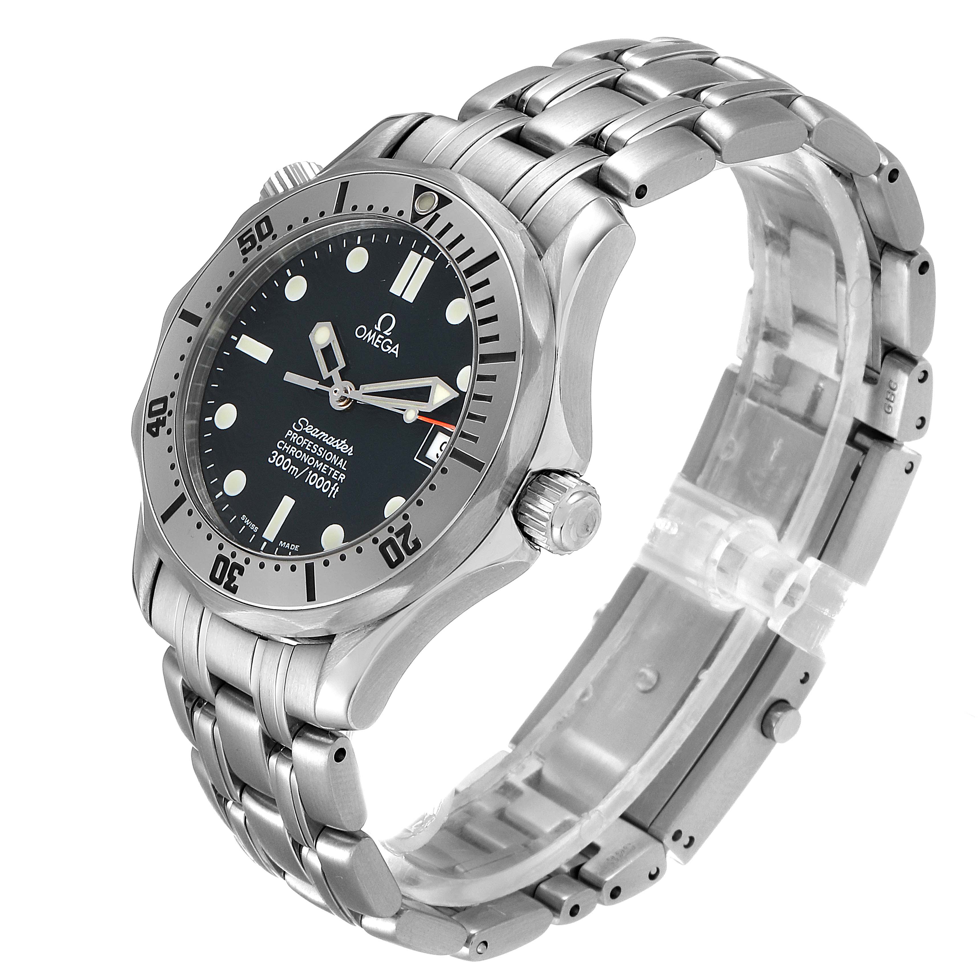 The image shows an Omega Seamaster 2552.80.00 Men
s Stainless Steel Blue Dial 2552.80.00 Men
s Stainless Steel Blue Dial watch at a three-quarter angle, highlighting the dial, bezel, bracelet, and crown.