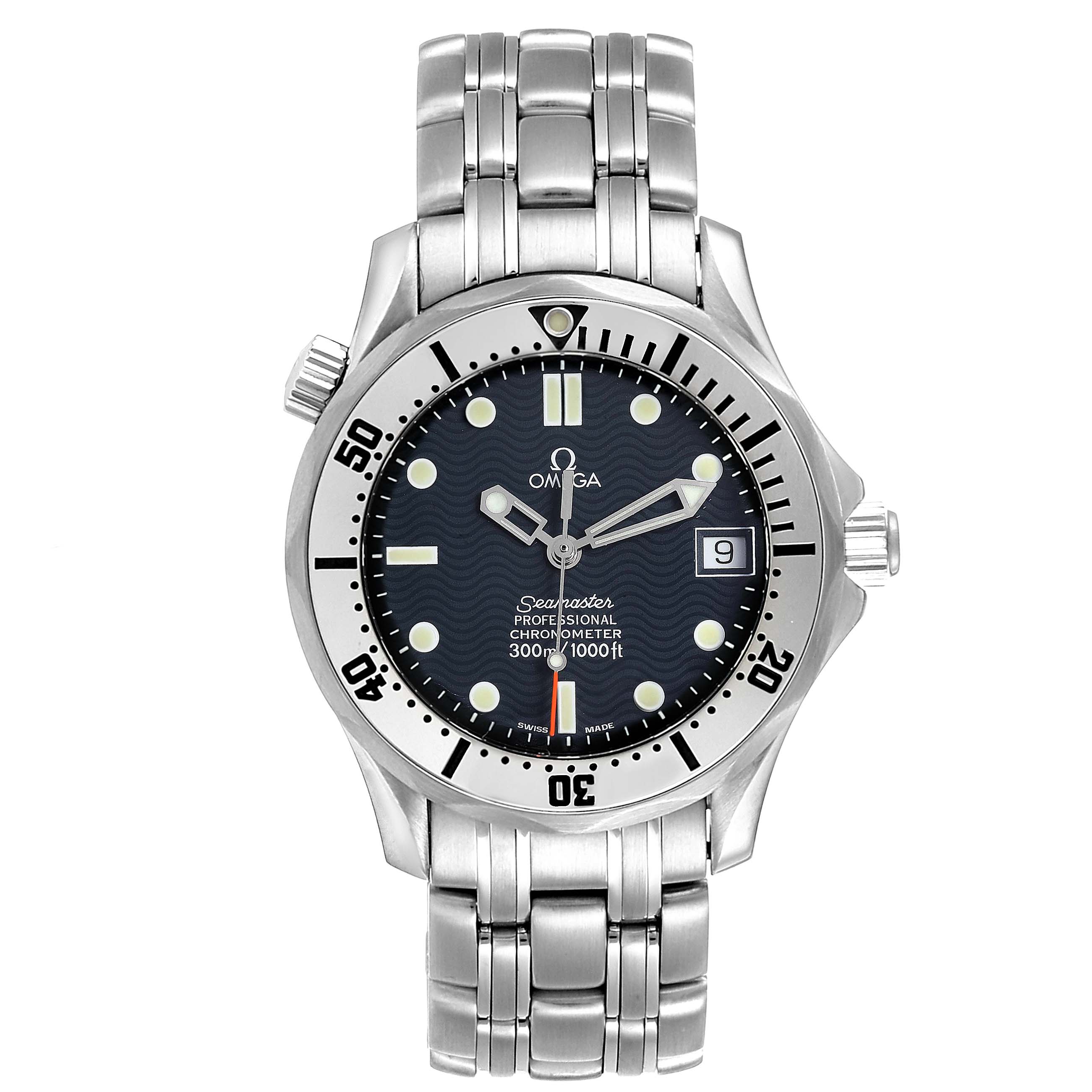 The Omega Seamaster 2552.80.00 Men
s Stainless Steel Blue Dial 2552.80.00 Men
s Stainless Steel Blue Dial watch is shown from a front angle, displaying the face, bezel, crown, and the metal bracelet.