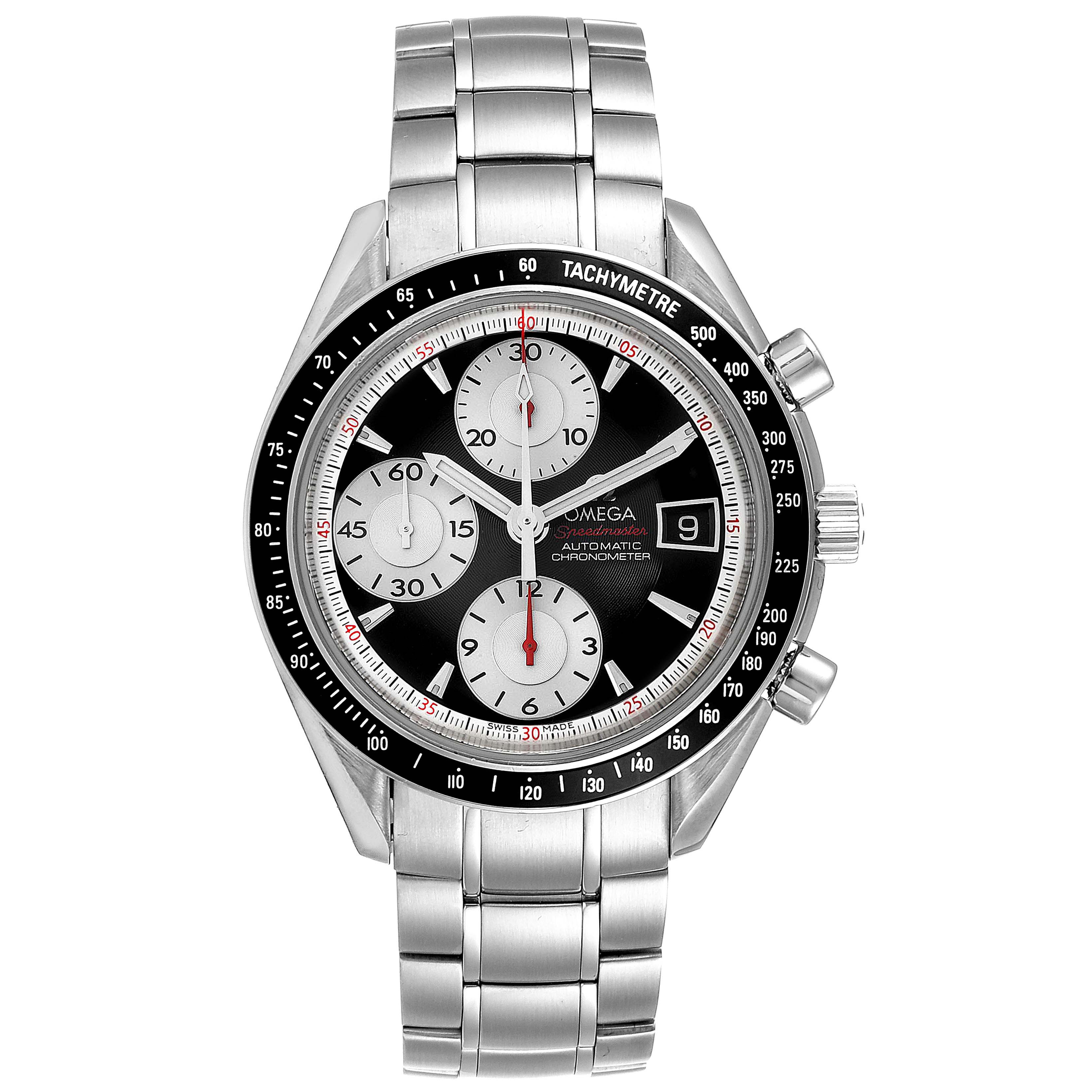 This image shows a front view of the Omega Speedmaster 3210.51.00 Men
s Stainless Steel Black Dial 3210.51.00 Men
s Stainless Steel Black Dial, displaying the face, bezel, and bracelet.