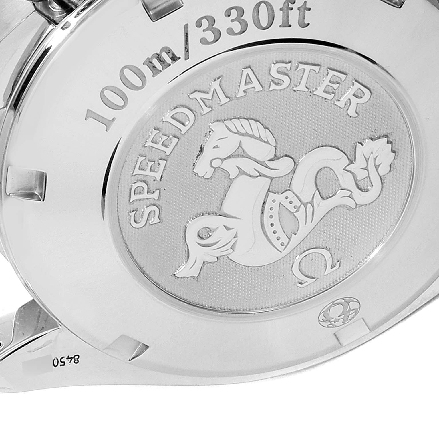 This is the backside of an Omega Speedmaster 3210.51.00 Men
s Stainless Steel Black Dial 3210.51.00 Men
s Stainless Steel Black Dial watch, showcasing the engraved model name, depth rating, and logo.