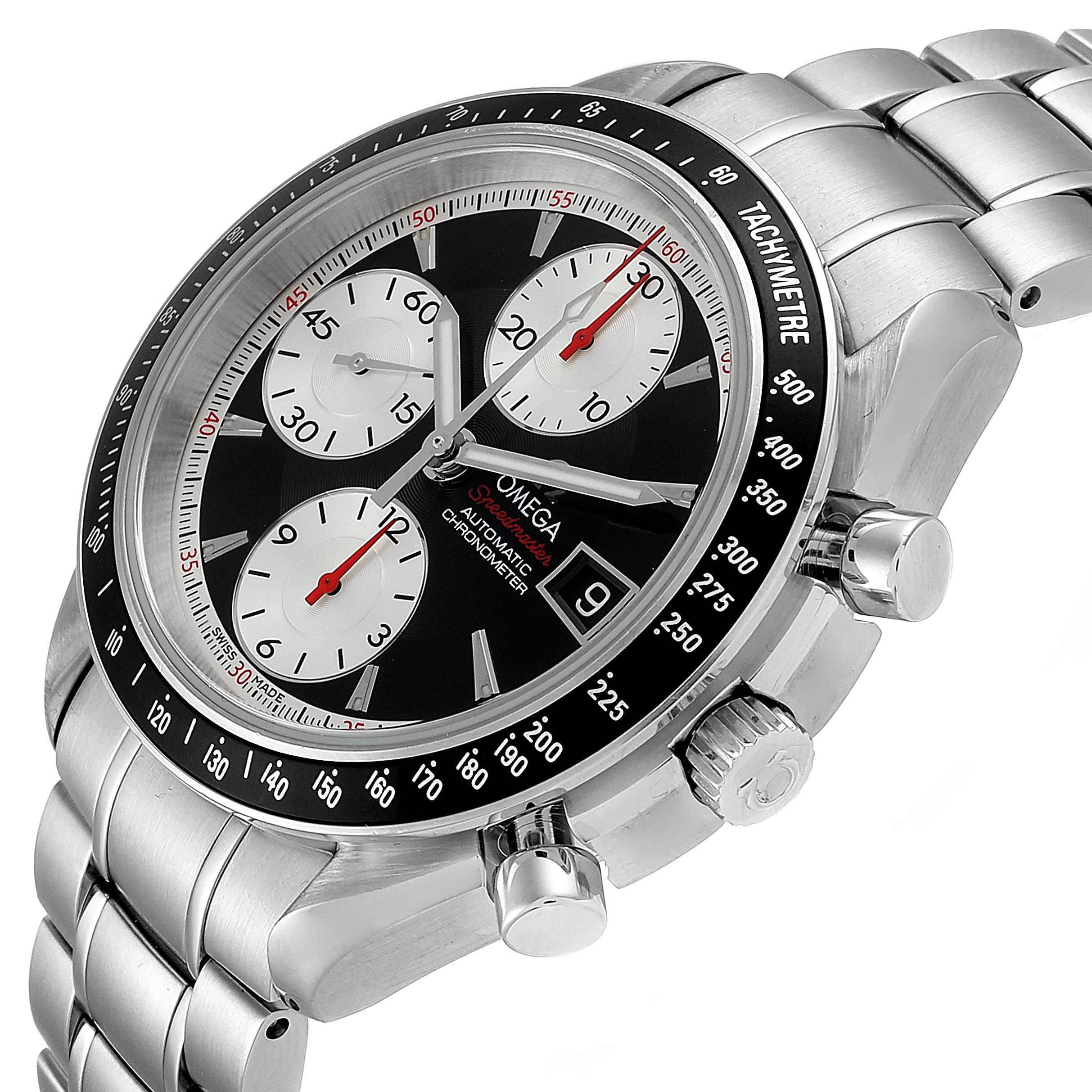 The Omega Speedmaster 3210.51.00 Men
s Stainless Steel Black Dial 3210.51.00 Men
s Stainless Steel Black Dial watch is shown at an angle, displaying its face, bezel, chronograph dials, and metal bracelet.