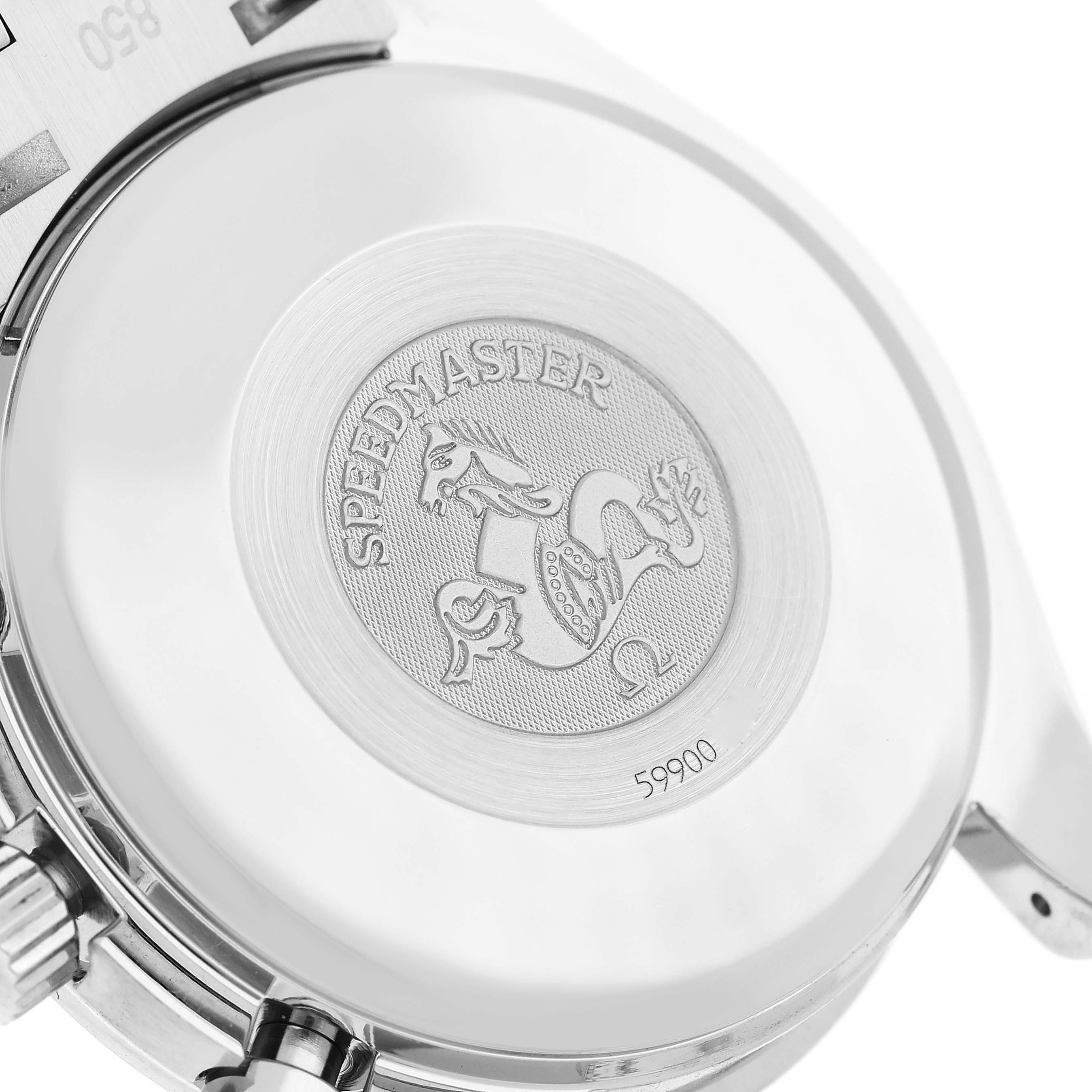 The image shows the case back of an Omega Speedmaster 3523.80.00 Men
s Stainless Steel Blue Dial 3523.80.00 Men
s Stainless Steel Blue Dial watch viewed at an angle.