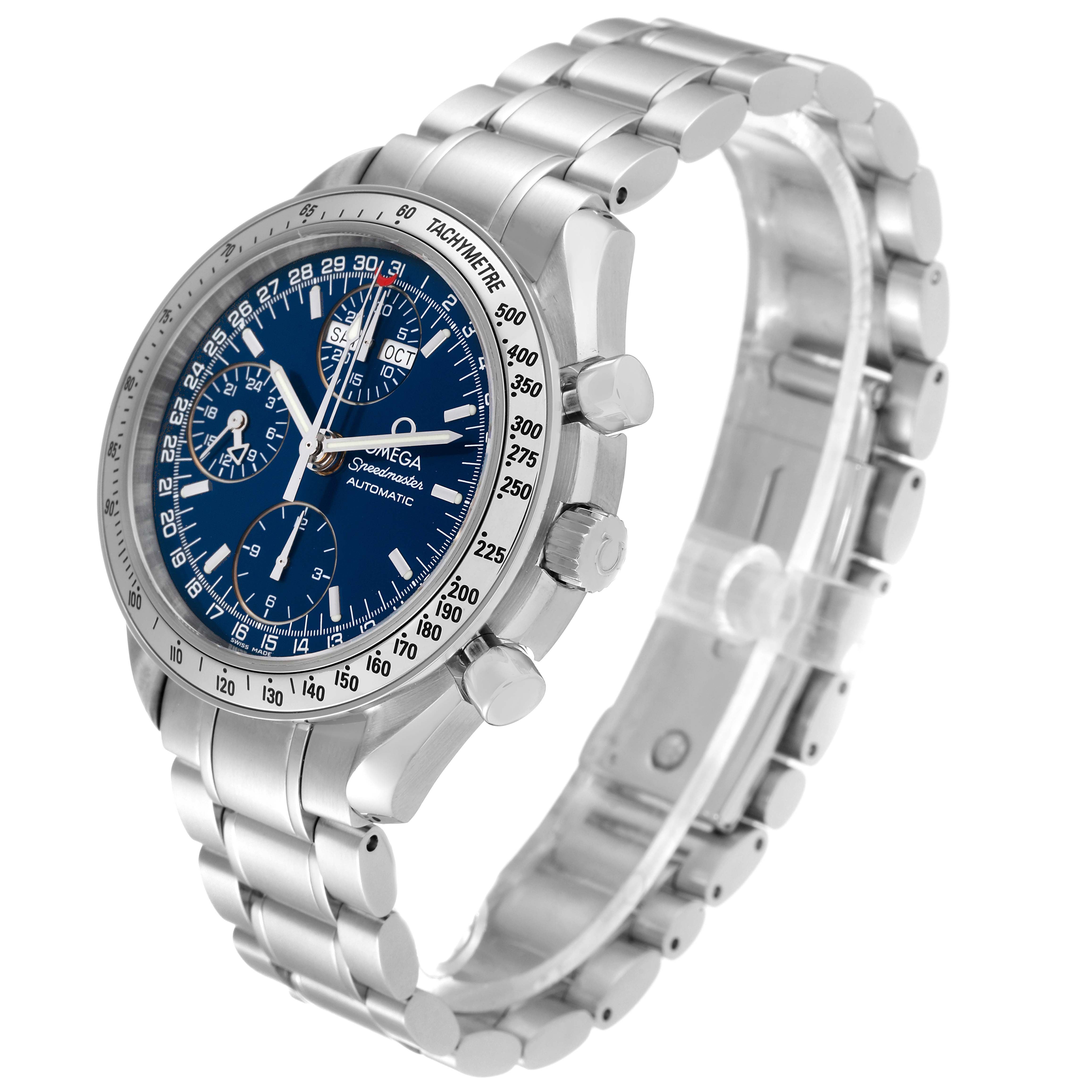 The image shows an Omega Speedmaster 3523.80.00 Men
s Stainless Steel Blue Dial 3523.80.00 Men
s Stainless Steel Blue Dial watch at a three-quarter angle, displaying the face, crown, pushers, and bracelet.