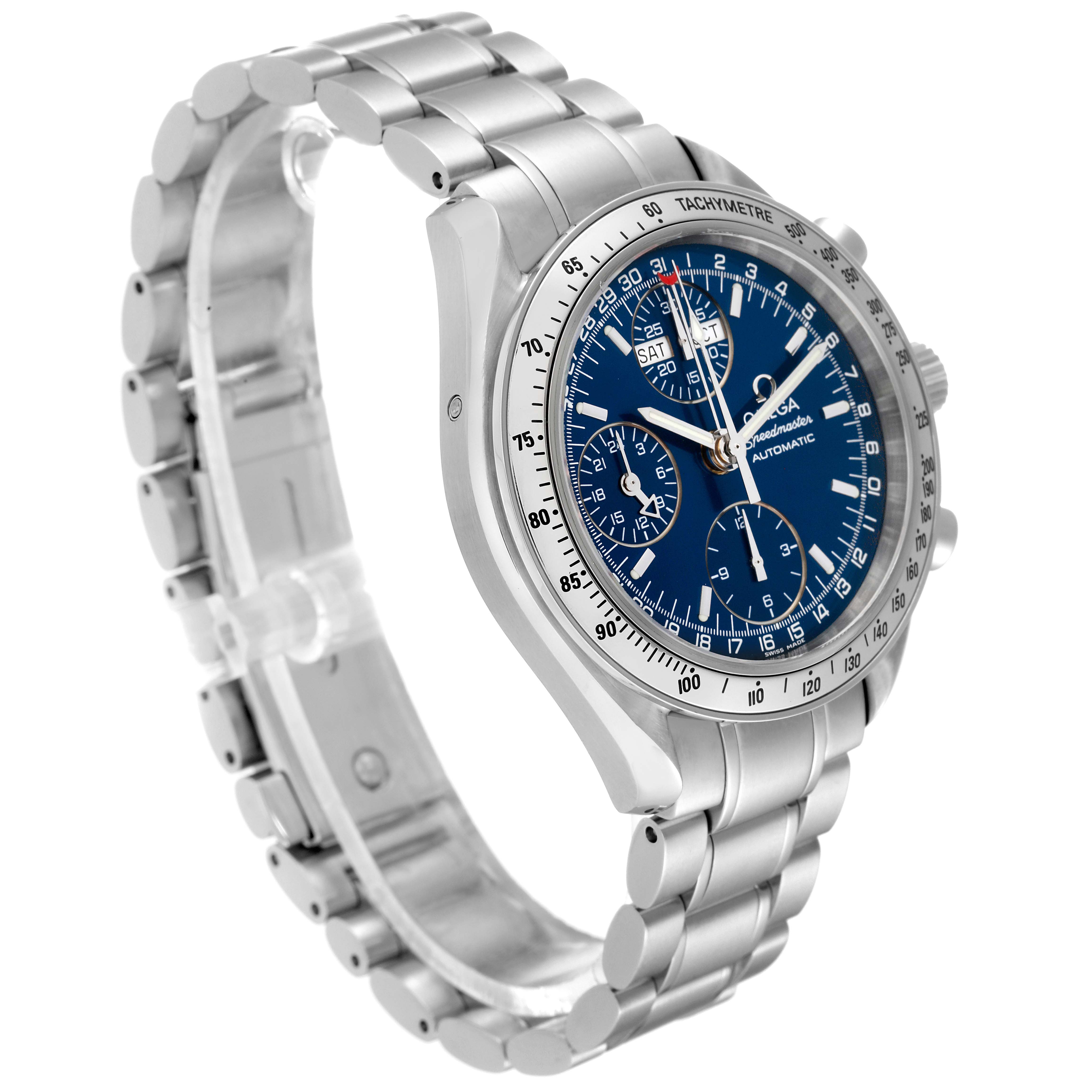 The image displays an Omega Speedmaster 3523.80.00 Men
s Stainless Steel Blue Dial 3523.80.00 Men
s Stainless Steel Blue Dial watch from a front-side angle, highlighting its stainless steel case, blue dial, and bracelet.