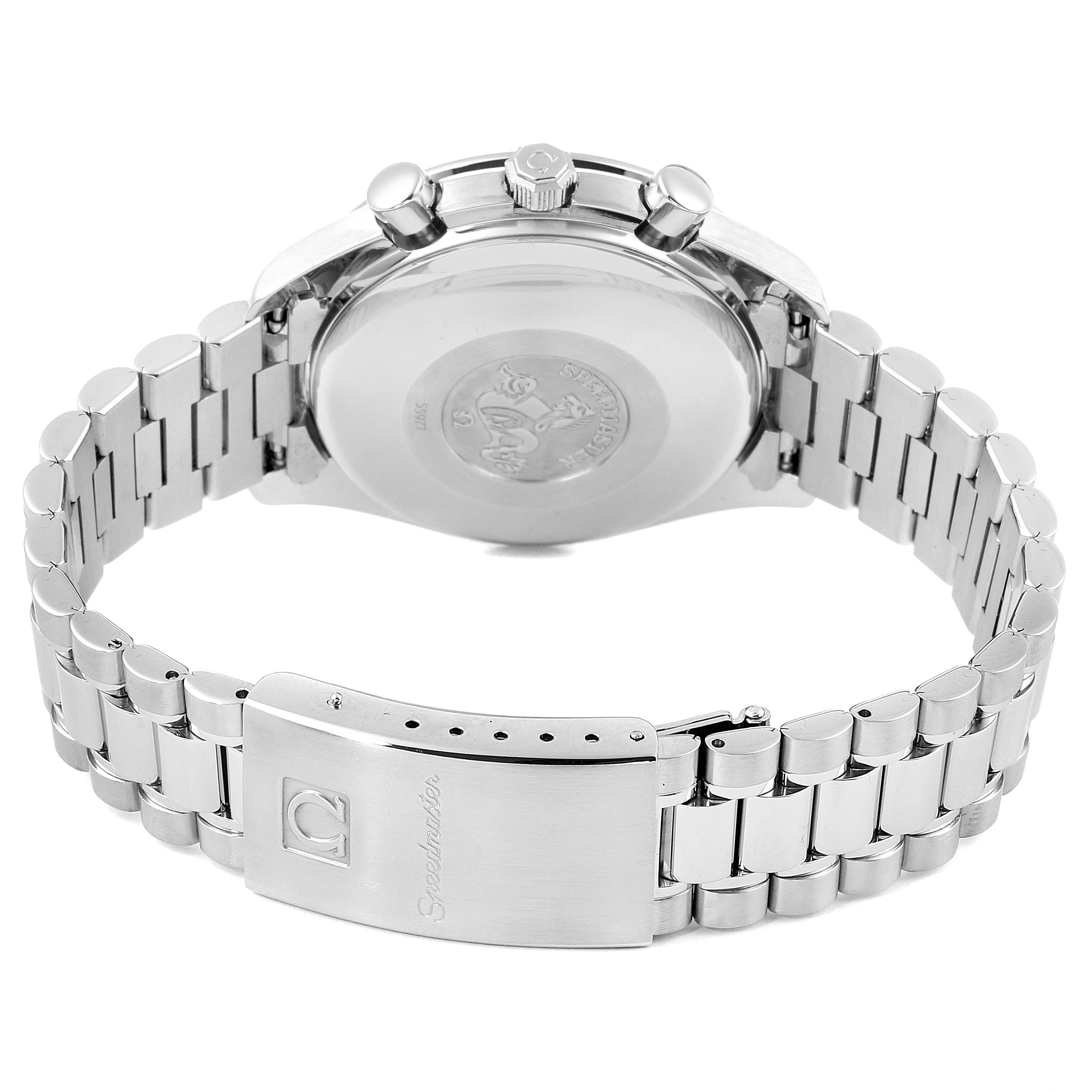 The image shows the back case and clasp of the Omega Speedmaster 3521.30.00 Men's Stainless Steel Silver Dial 3521.30.00 Men's Stainless Steel Silver Dial watch, highlighting its stainless steel bracelet and embossed medallion.