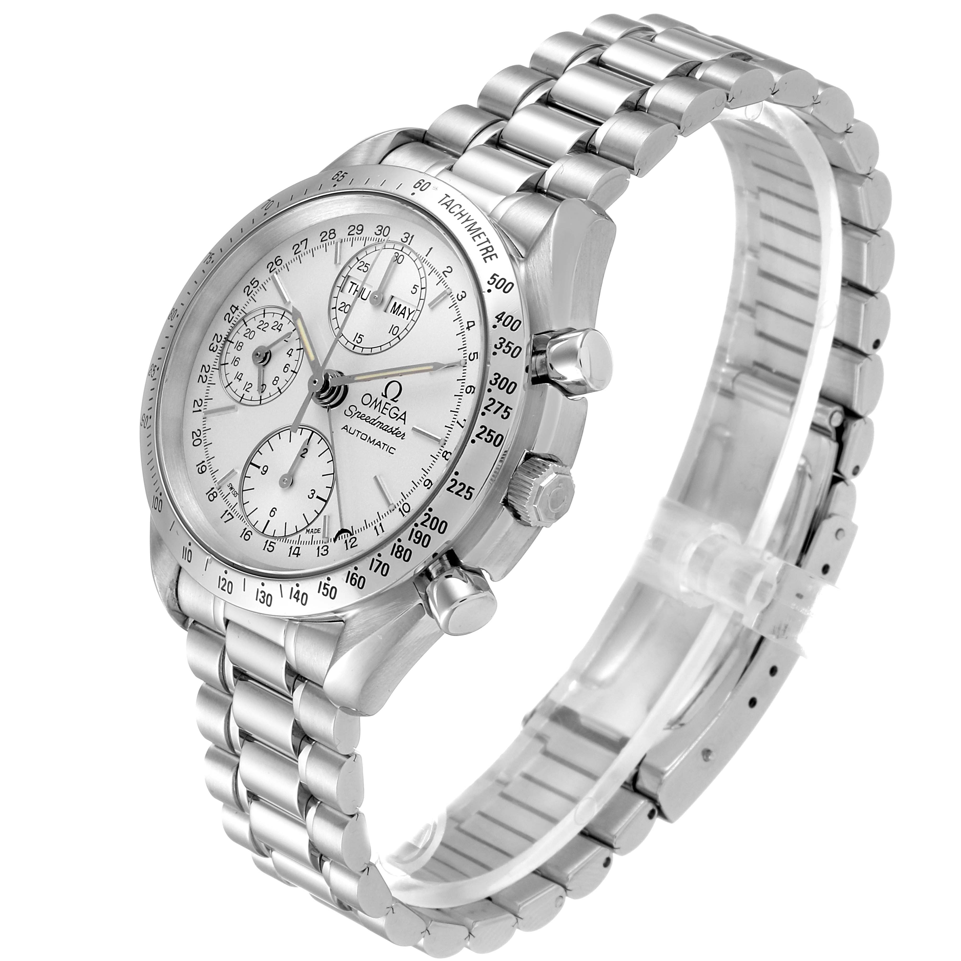 The Omega Speedmaster 3521.30.00 Men's Stainless Steel Silver Dial 3521.30.00 Men's Stainless Steel Silver Dial watch is shown at an angle revealing its dial, bezel, pushers, crown, and full metal bracelet.