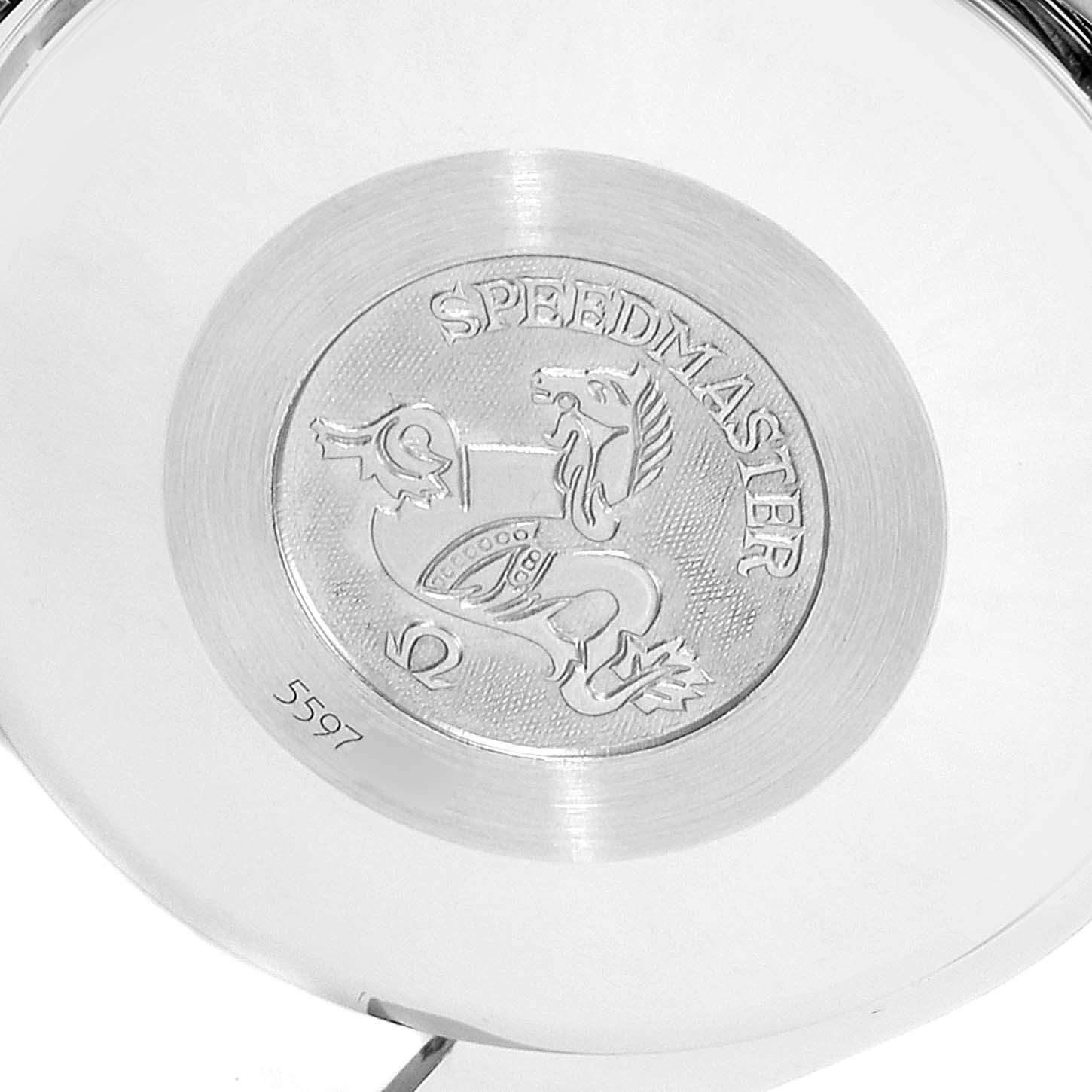 This image shows the engraved back case of an Omega Speedmaster 3521.30.00 Men's Stainless Steel Silver Dial 3521.30.00 Men's Stainless Steel Silver Dial watch.