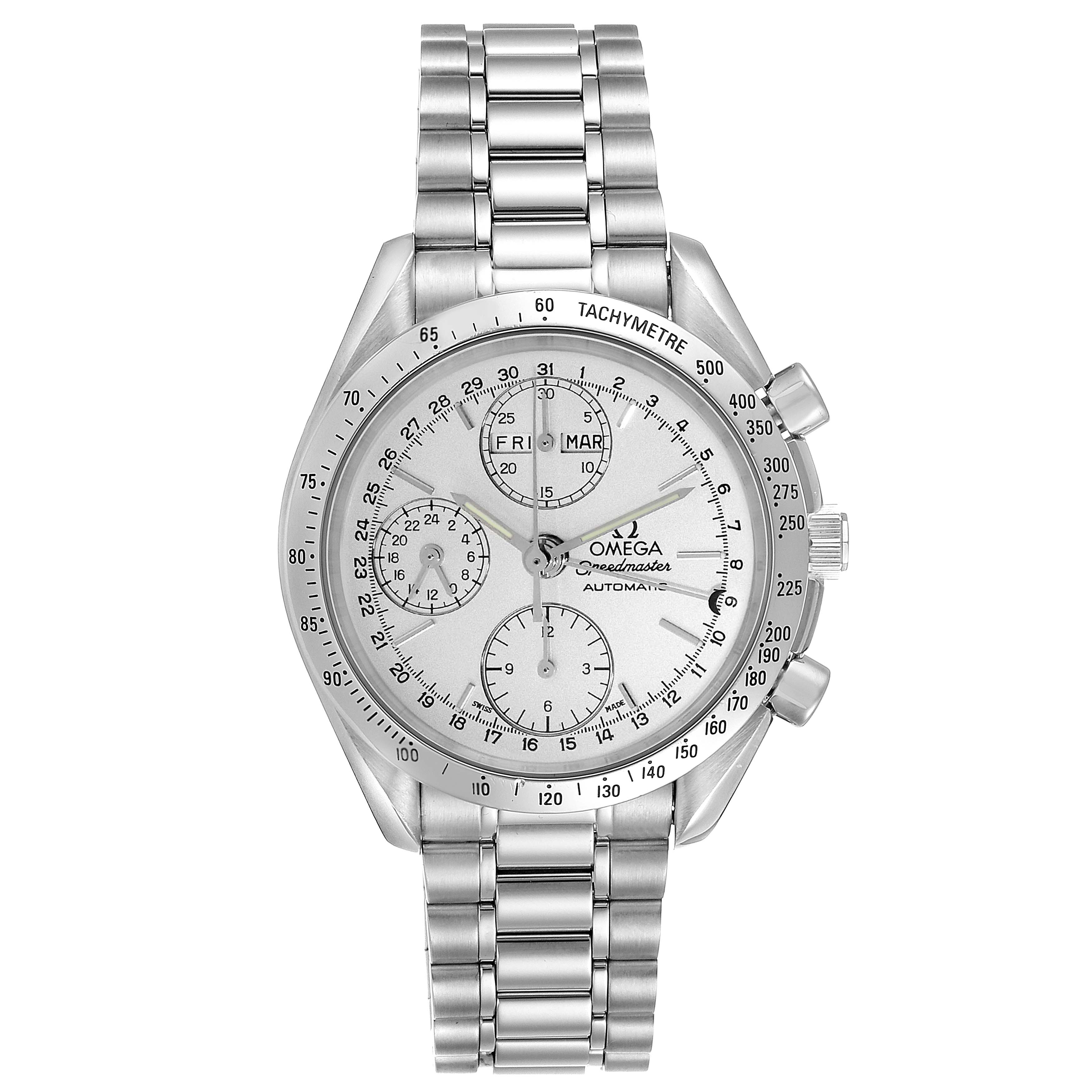 The Omega Speedmaster 3521.30.00 Men's Stainless Steel Silver Dial 3521.30.00 Men's Stainless Steel Silver Dial watch is shown from the front, displaying its face, bezel, and metallic bracelet.