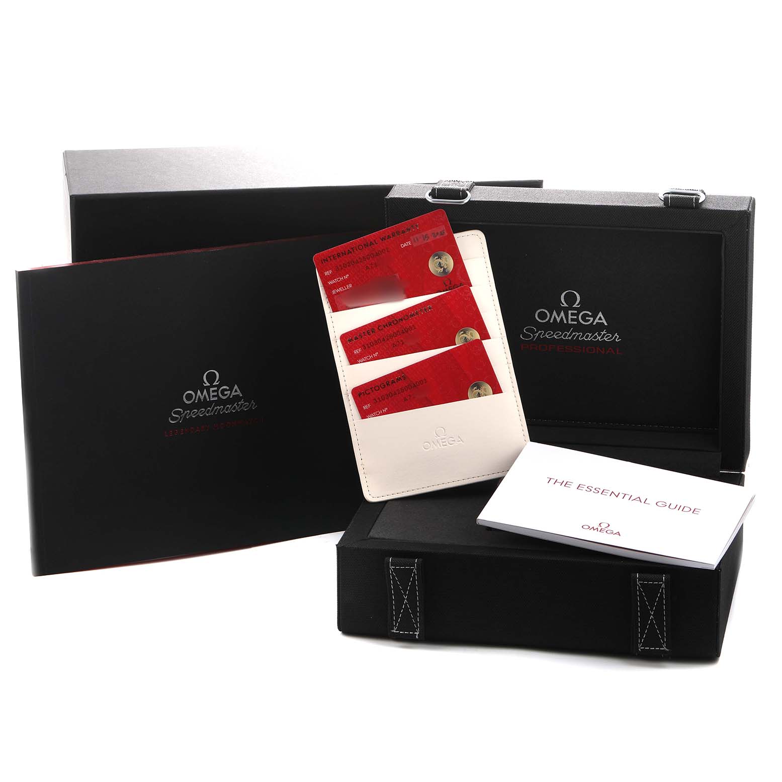 The image shows the Omega Speedmaster 310.30.42.50.04.001 Men's Stainless Steel White Dial packaging, warranty cards, and an instruction booklet.