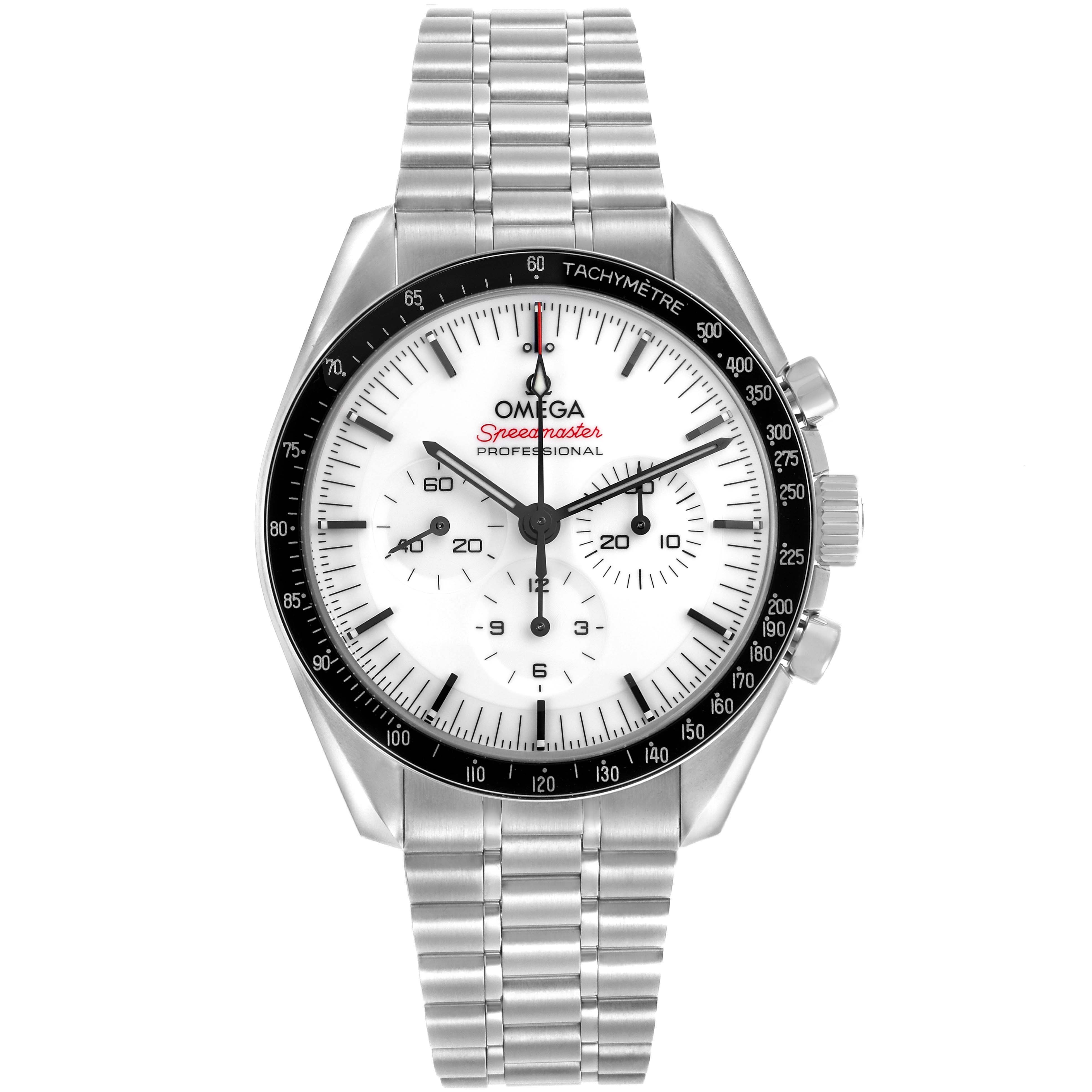 The Omega Speedmaster 310.30.42.50.04.001 Men's Stainless Steel White Dial watch is shown from the front, displaying the dial, bezel, and bracelet prominently.