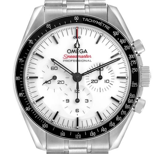 The image shows a head-on view of the Omega Speedmaster 310.30.42.50.04.001 Men's Stainless Steel White Dial watch face, bezel, and side buttons.