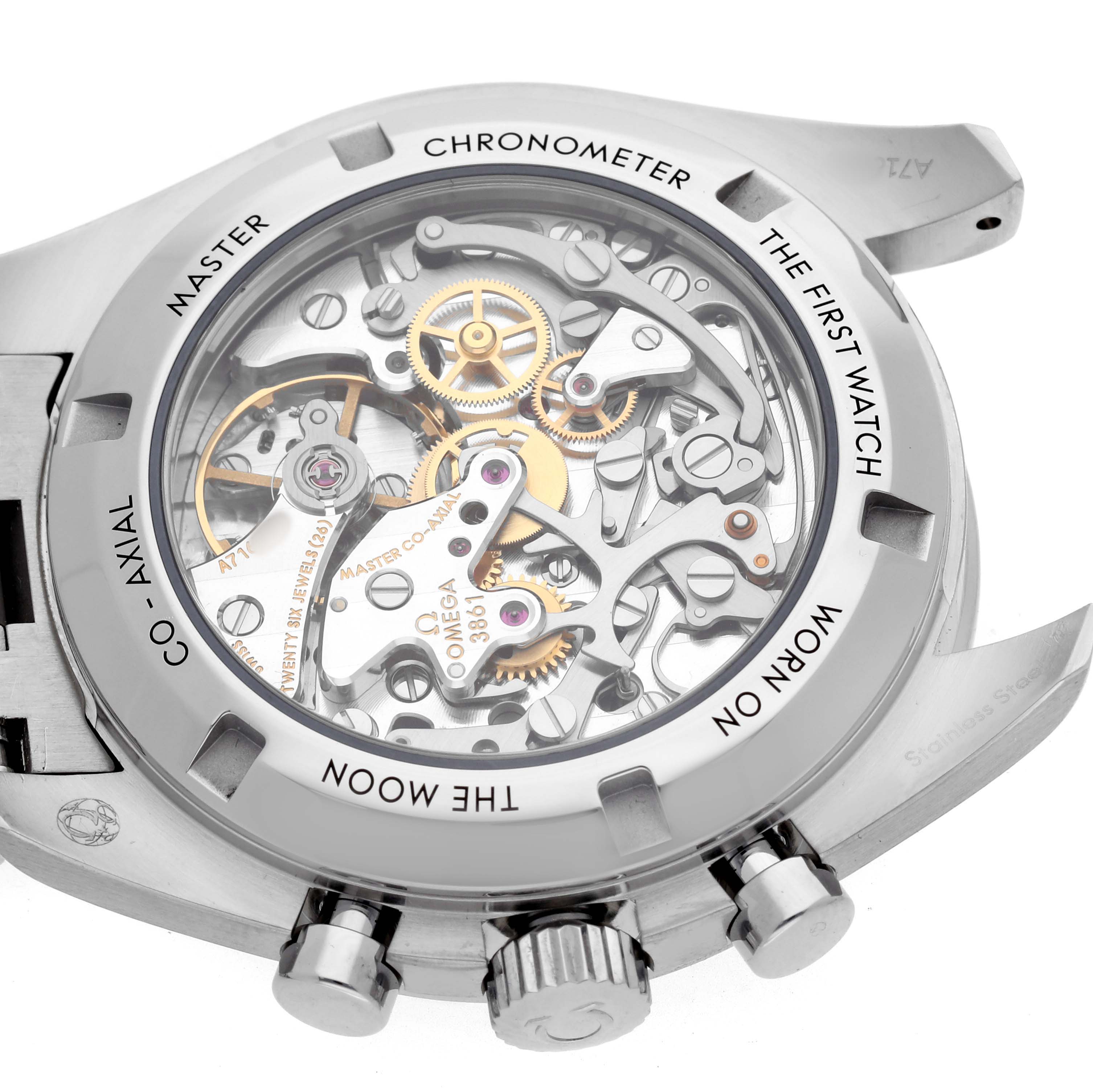 The image shows the back view of an Omega Speedmaster 310.30.42.50.04.001 Men's Stainless Steel White Dial, highlighting its exposed movement and chronograph details.