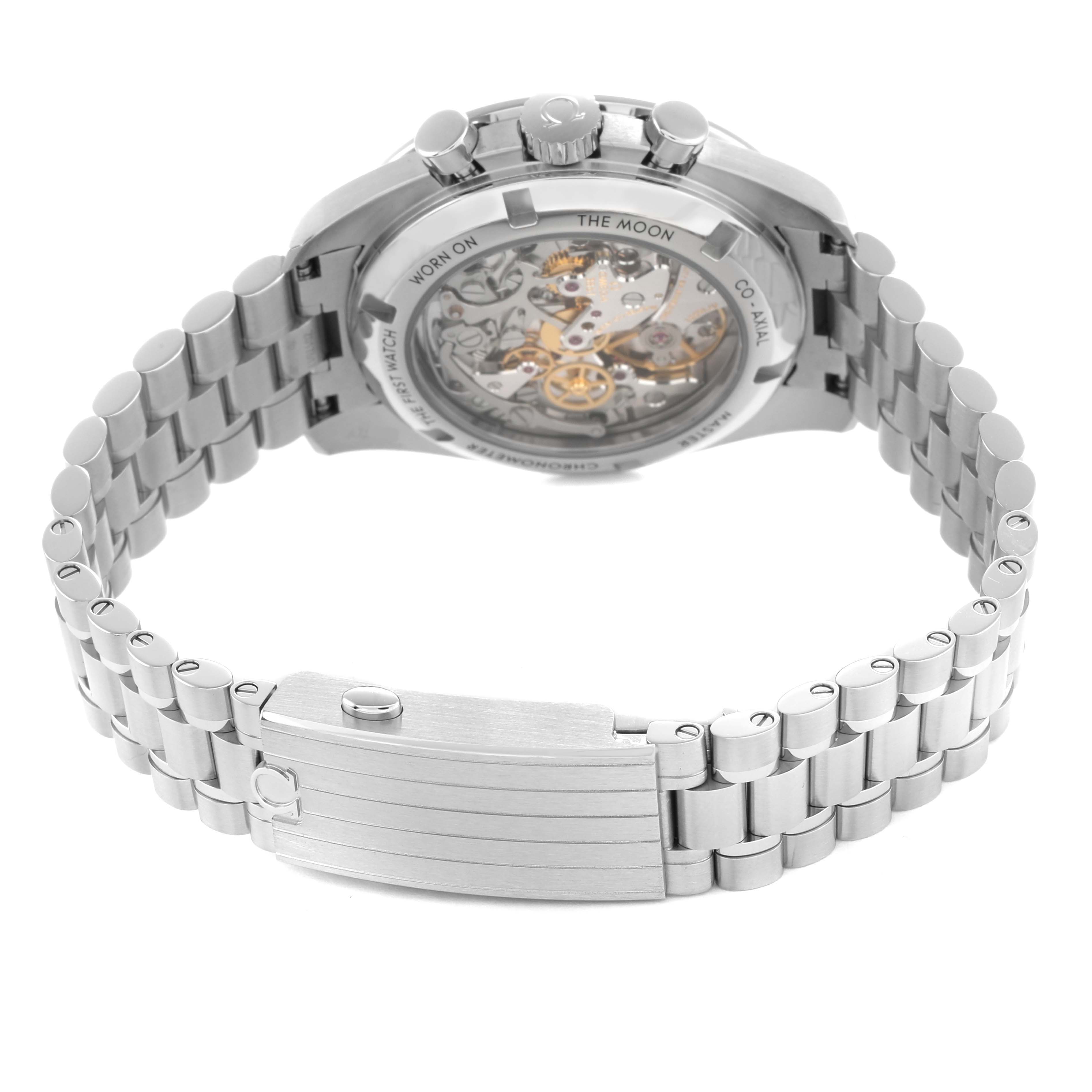 The Omega Speedmaster 310.30.42.50.04.001 Men's Stainless Steel White Dial watch is shown from the back, highlighting the transparent case back and part of the bracelet.