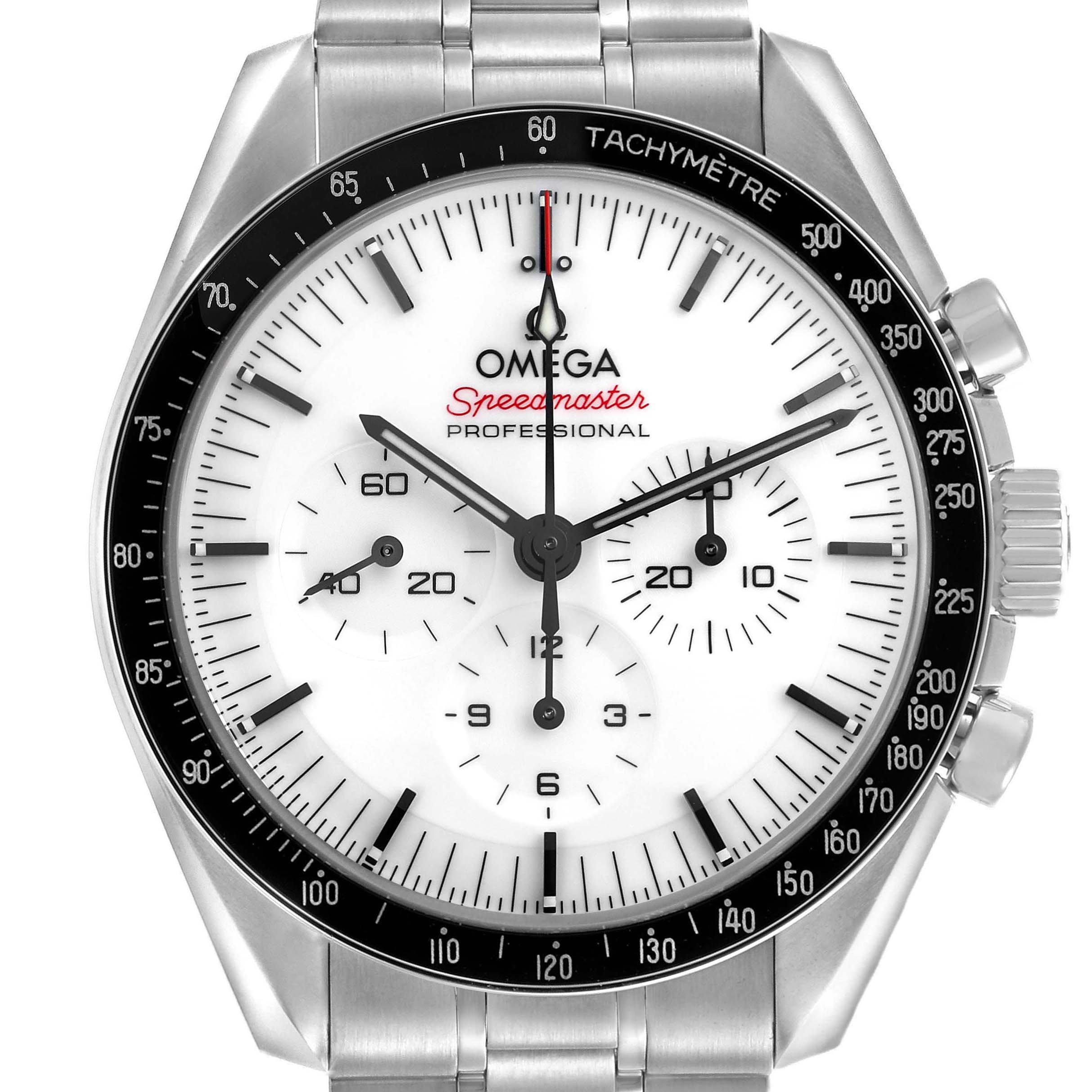 The Omega Speedmaster 310.30.42.50.04.001 Men's Stainless Steel White Dial watch is shown from a front angle, highlighting its dial, tachymeter bezel, and crown.