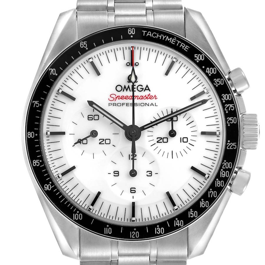 The Omega Speedmaster 310.30.42.50.04.001 Men's Stainless Steel White Dial watch is shown from a front angle, highlighting its dial, tachymeter bezel, and crown.