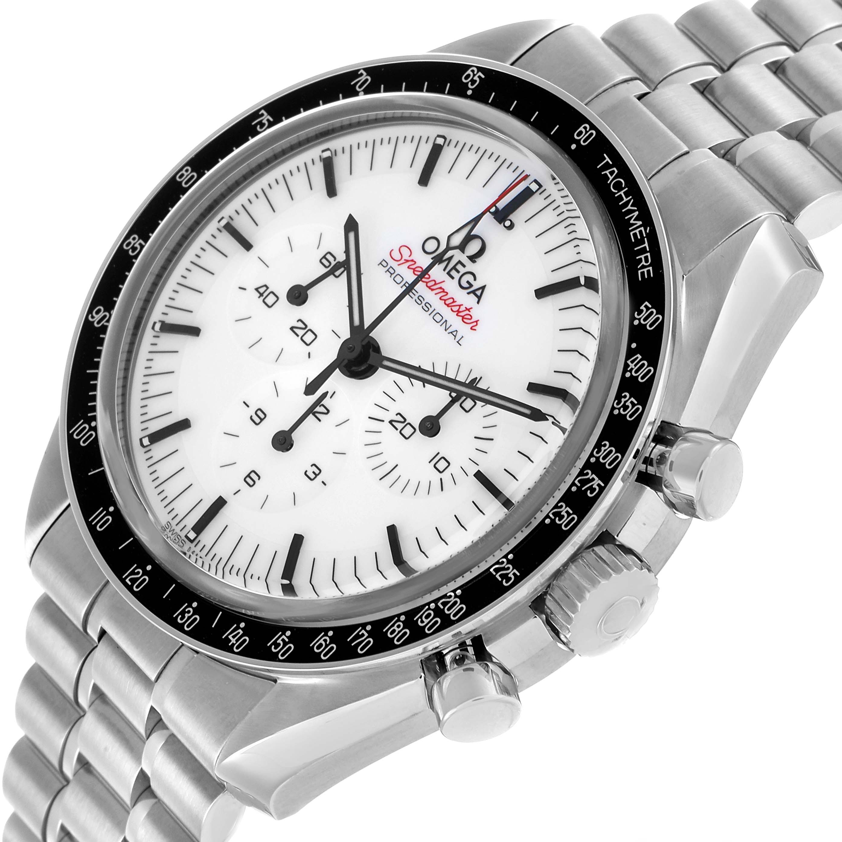 The Omega Speedmaster 310.30.42.50.04.001 Men's Stainless Steel White Dial watch is shown at an angled side view, highlighting the dial, tachymeter bezel, crown, pushers, and stainless steel bracelet.