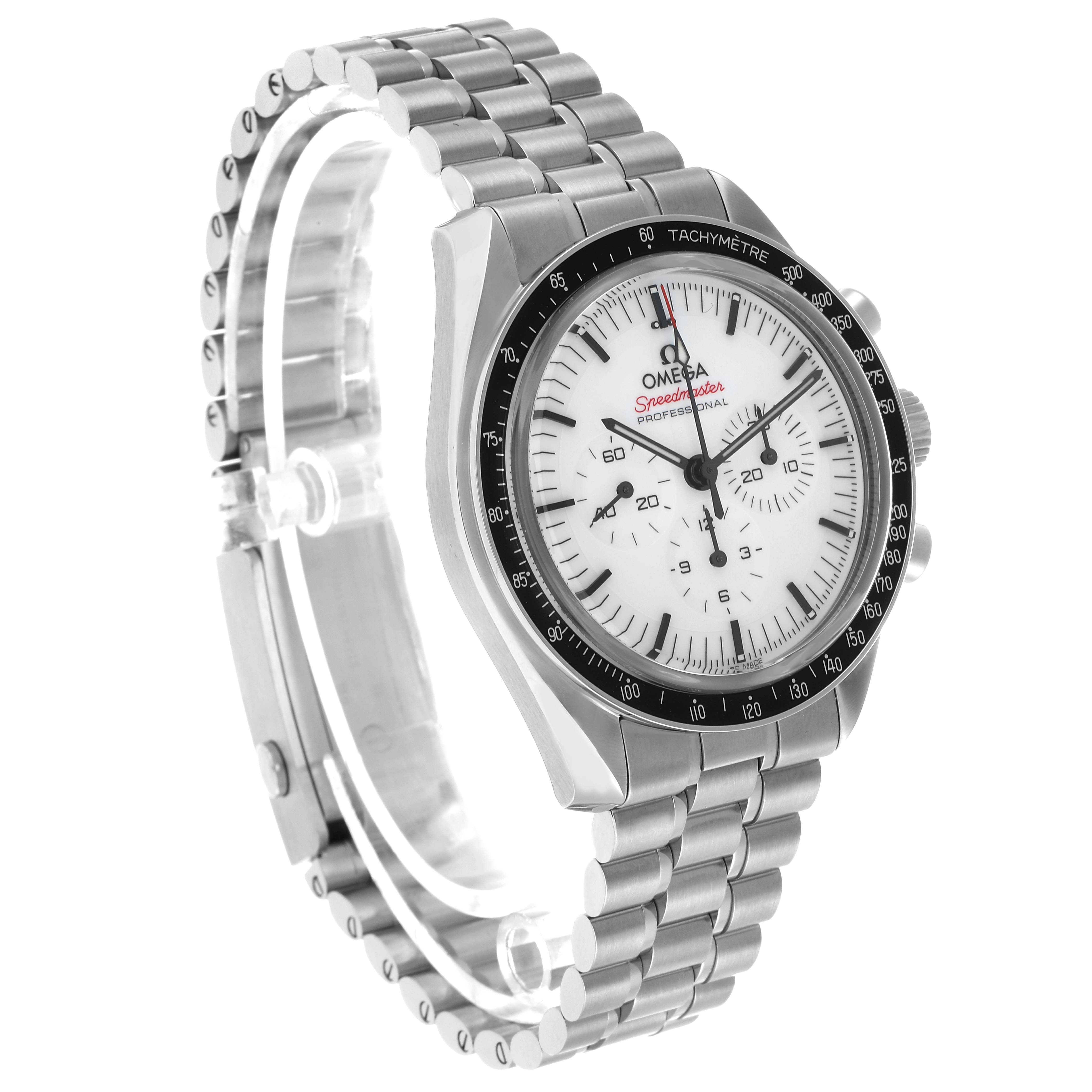 The image shows an Omega Speedmaster 310.30.42.50.04.001 Men's Stainless Steel White Dial watch at a three-quarter angle, highlighting the face, bezel, and bracelet.
