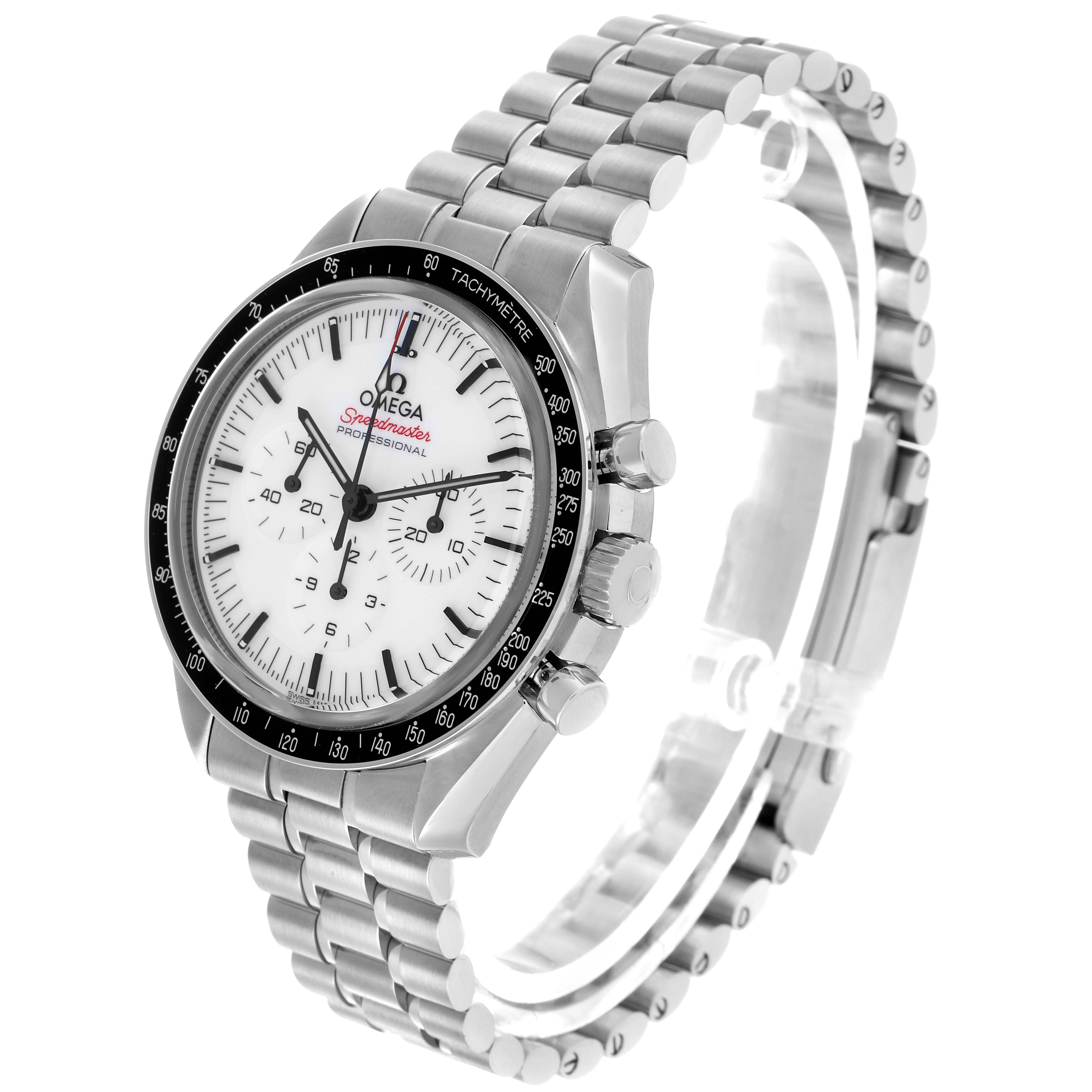 The Omega Speedmaster 310.30.42.50.04.001 Men's Stainless Steel White Dial is shown at an angled side view, displaying the face, bezel, pushers, crown, and bracelet.