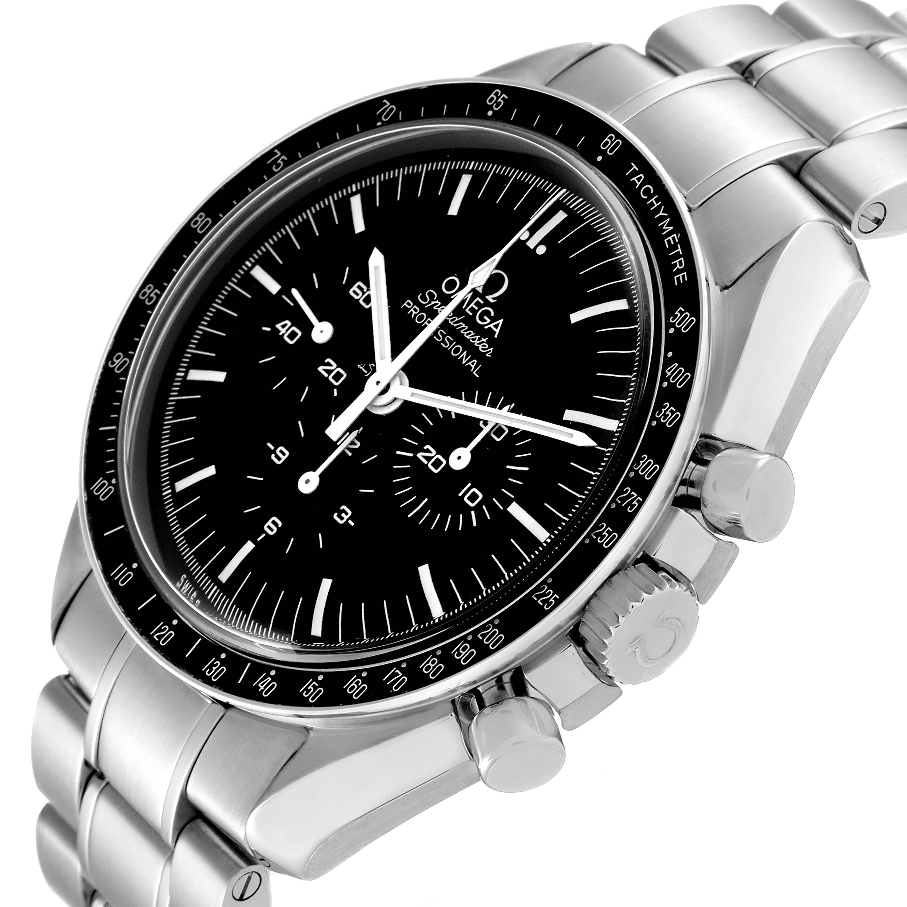 This image shows an Omega Speedmaster 311.30.42.30.01.005 Men
s Stainless Steel Black Dial 311.30.42.30.01.005 Men
s Stainless Steel Black Dial watch from a high-angle, highlighting its bezel, dial, and bracelet.