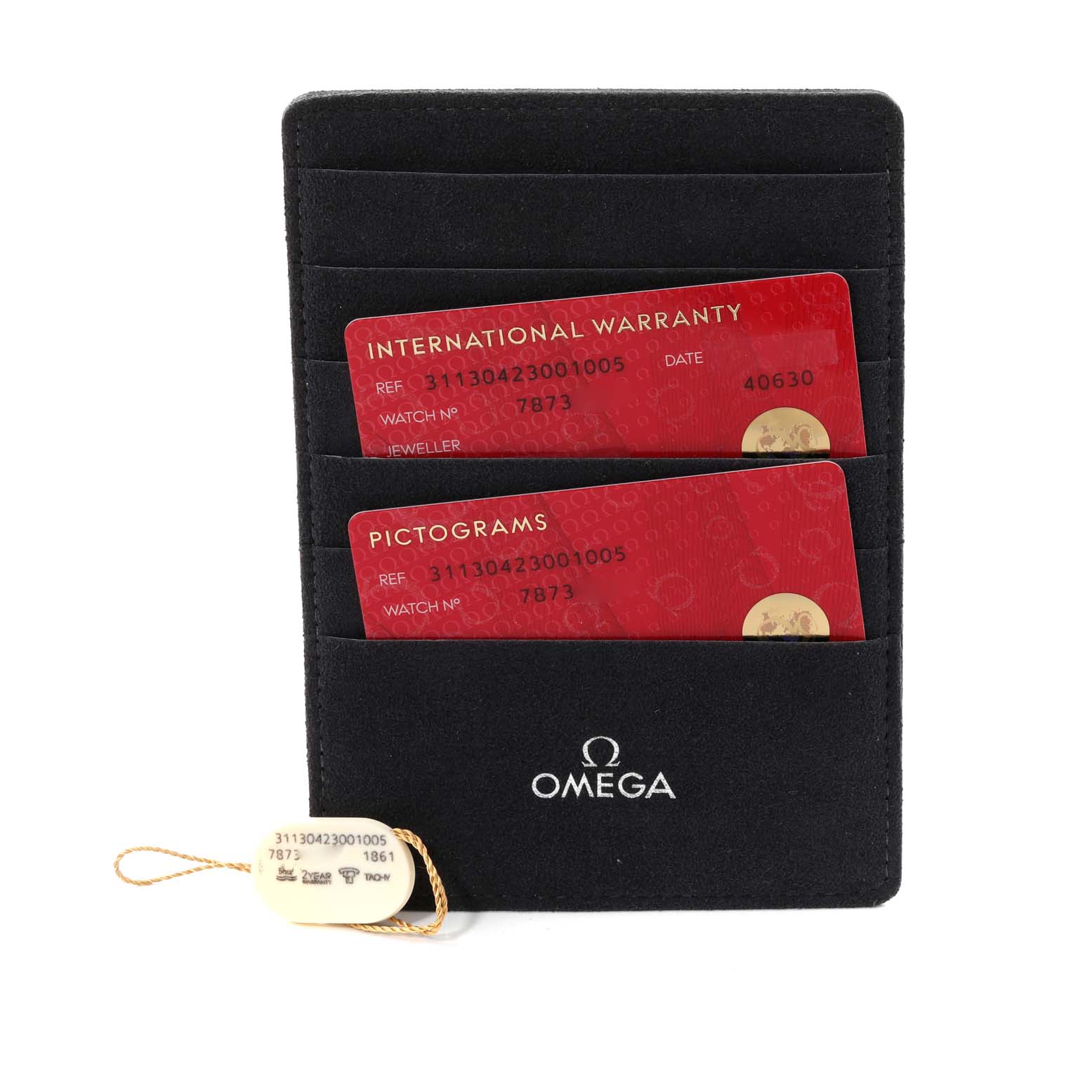 The image shows Omega Speedmaster 311.30.42.30.01.005 Men
s Stainless Steel Black Dial 311.30.42.30.01.005 Men
s Stainless Steel Black Dial
s international warranty and pictogram cards in a black cardholder, along with a tag.