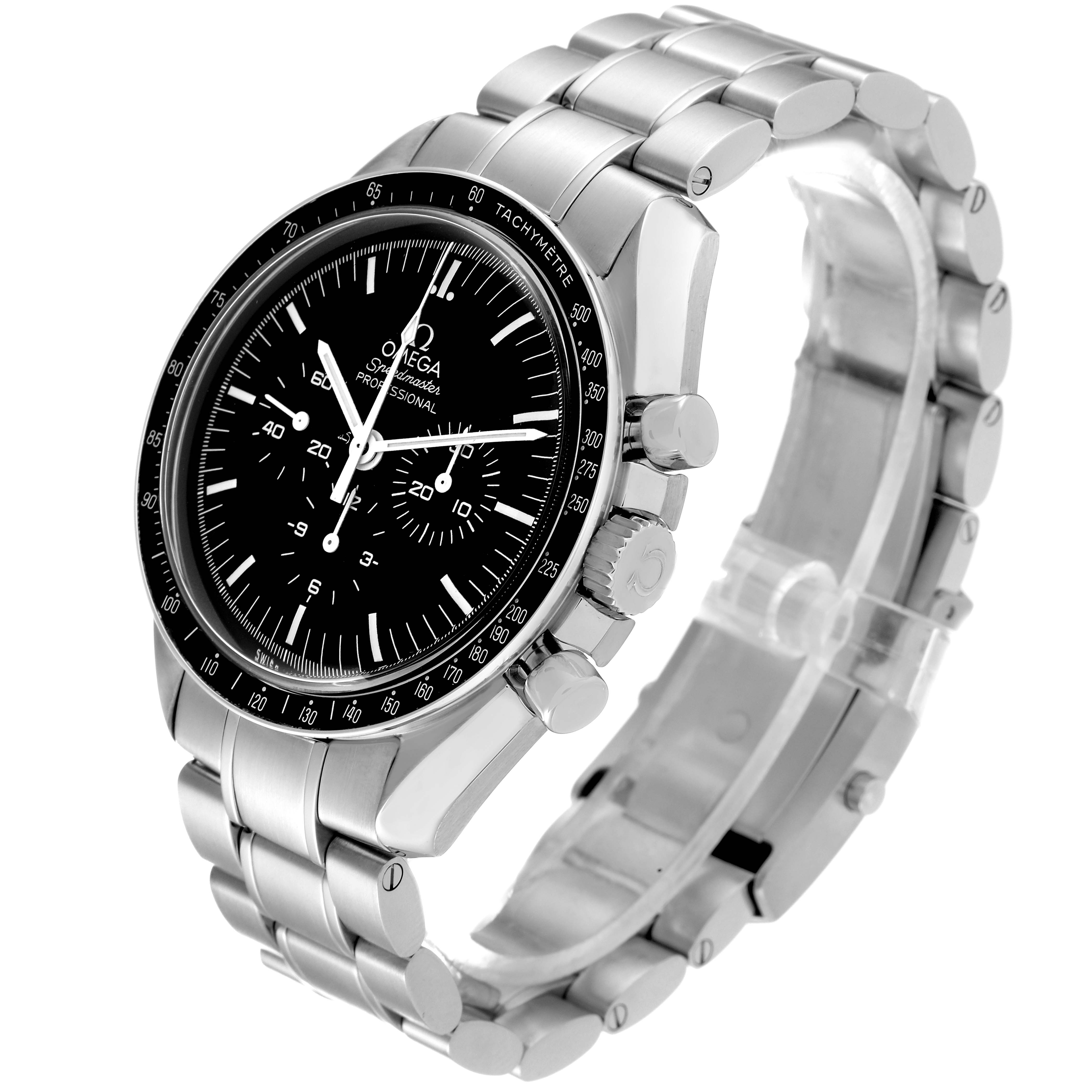 The image shows an angled view of the Omega Speedmaster 311.30.42.30.01.005 Men
s Stainless Steel Black Dial 311.30.42.30.01.005 Men
s Stainless Steel Black Dial watch, highlighting the face, bezel, and metal bracelet.