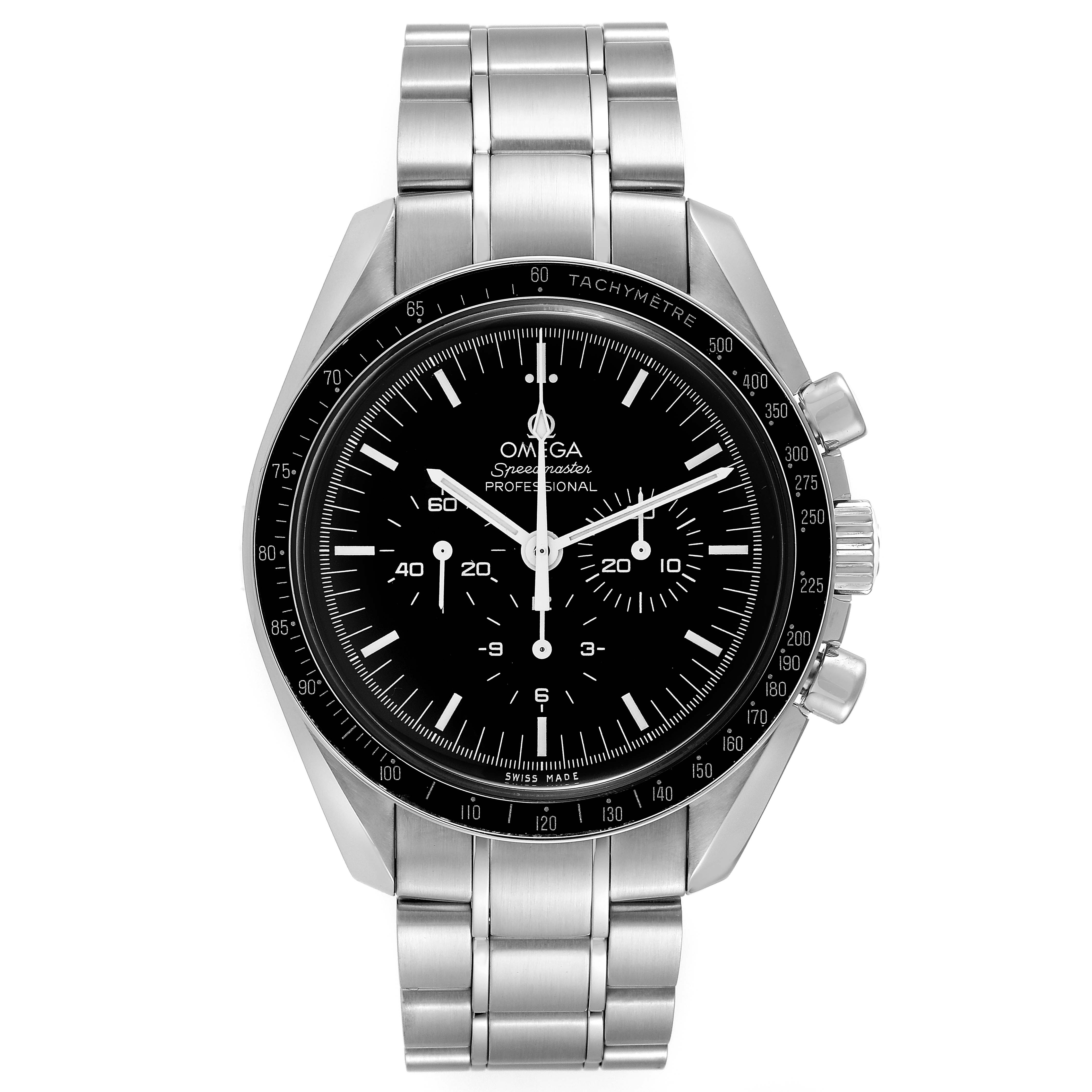 The Omega Speedmaster 311.30.42.30.01.005 Men
s Stainless Steel Black Dial 311.30.42.30.01.005 Men
s Stainless Steel Black Dial watch is shown from the front, displaying the face, bezel, and metal bracelet.